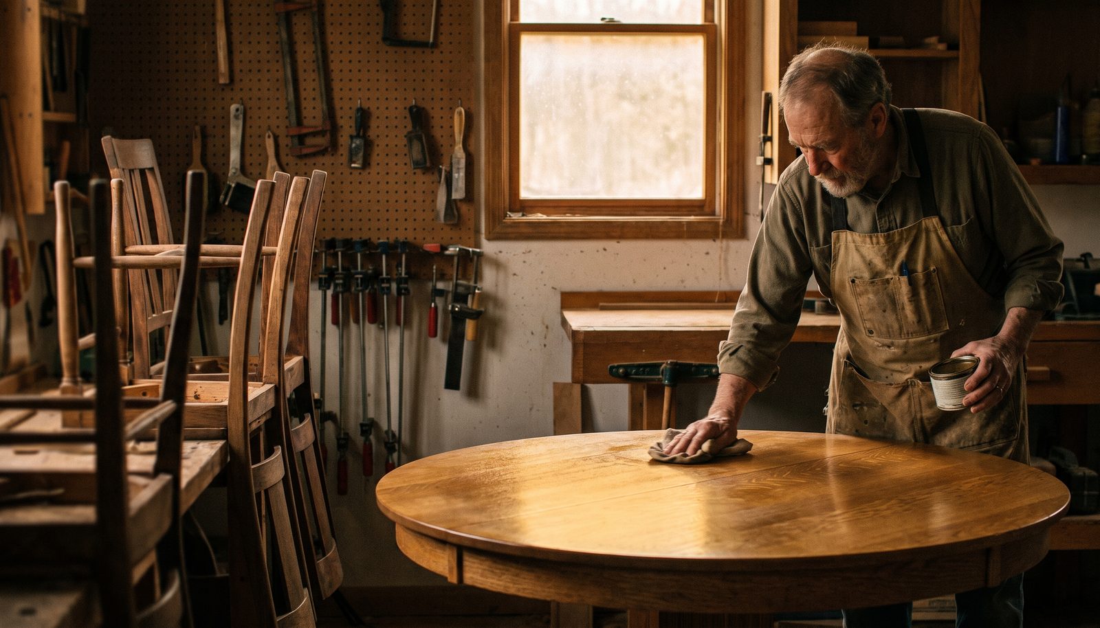 A furniture maker tightening sash clamps across a glued-up oak tabletop in a small workshop in warm afternoon light