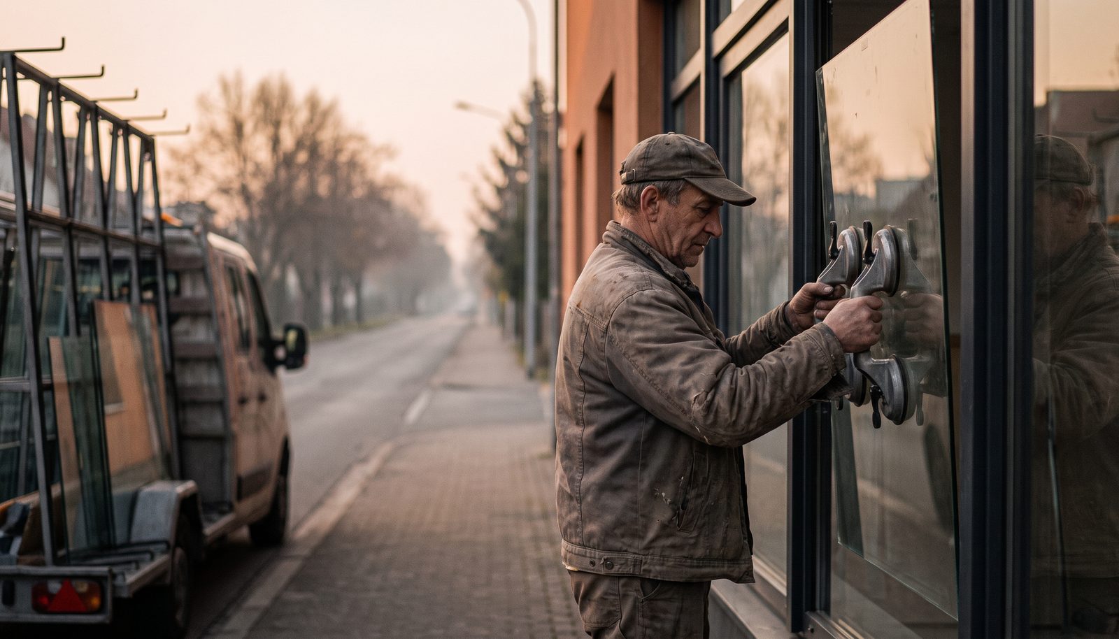 A glazier in gloves lifting a large pane into a shopfront frame with suction cups