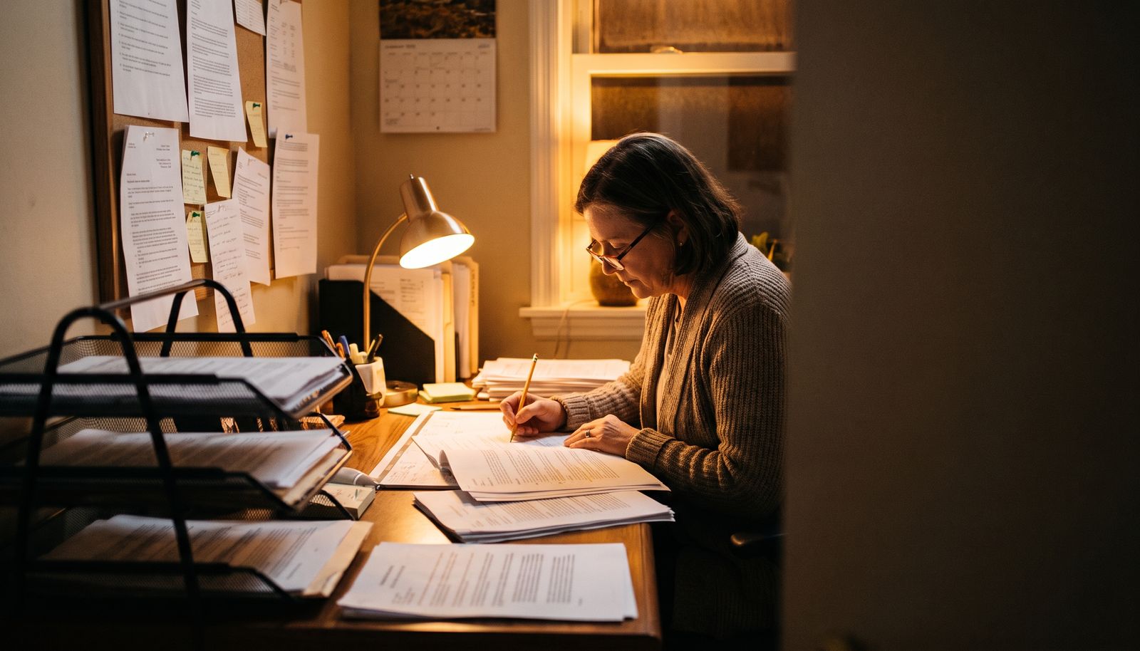 A funding consultant at a desk with printed call documents fanned out, one page marked up with a highlighter