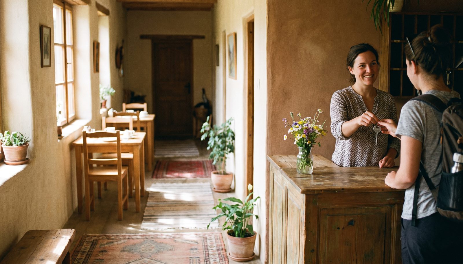A guesthouse owner setting a breakfast table by a tall window in a small dining room in morning light