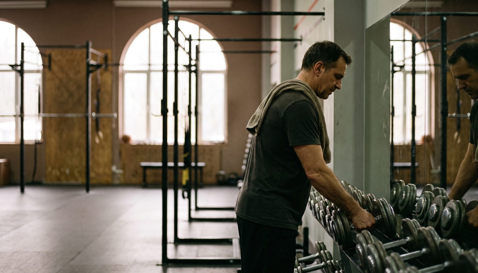 A gym owner racking a pair of dumbbells by a wooden lifting platform in a small independent training studio