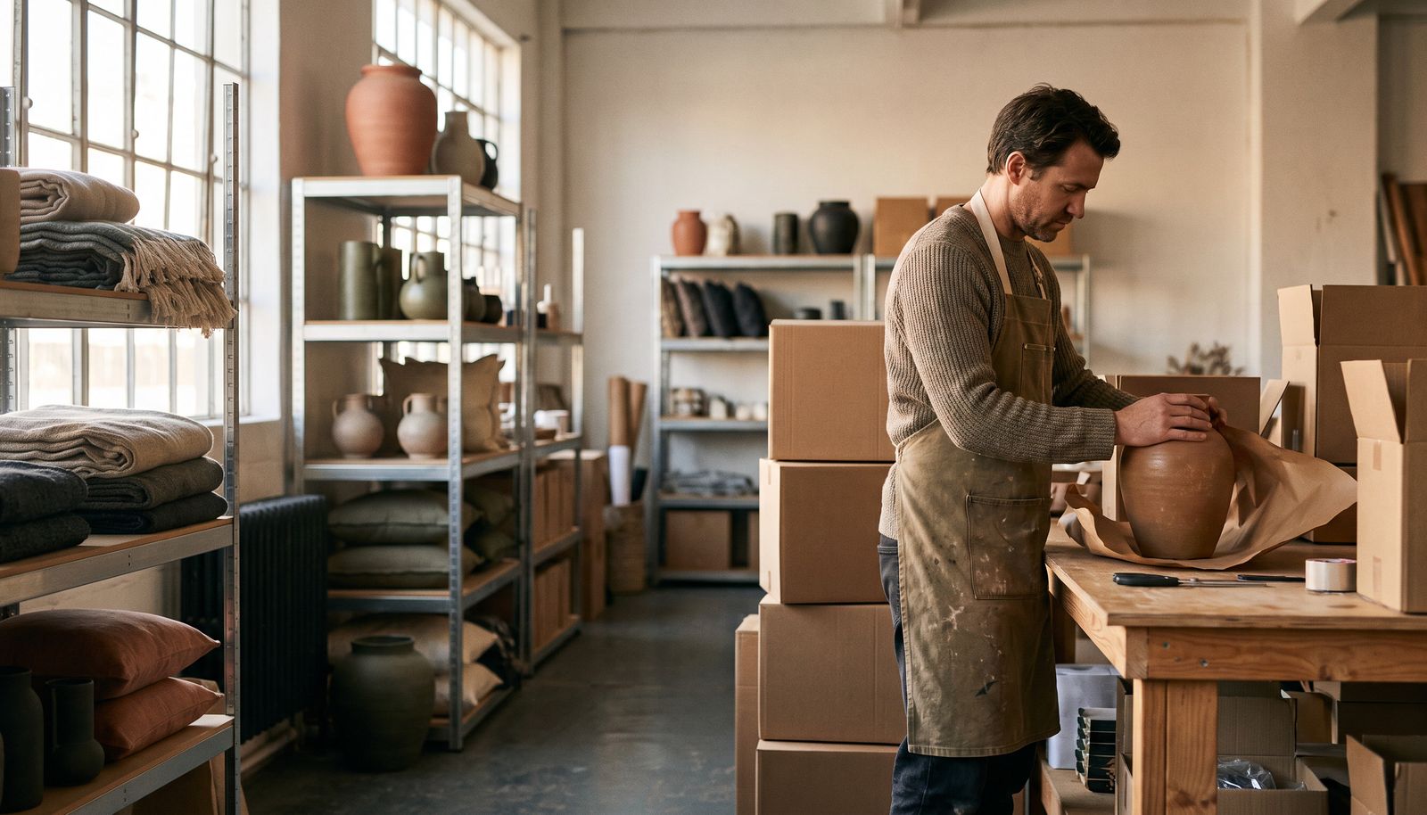 A founder unpacking ceramic vases from a straw-filled crate onto a trestle table in a small warehouse