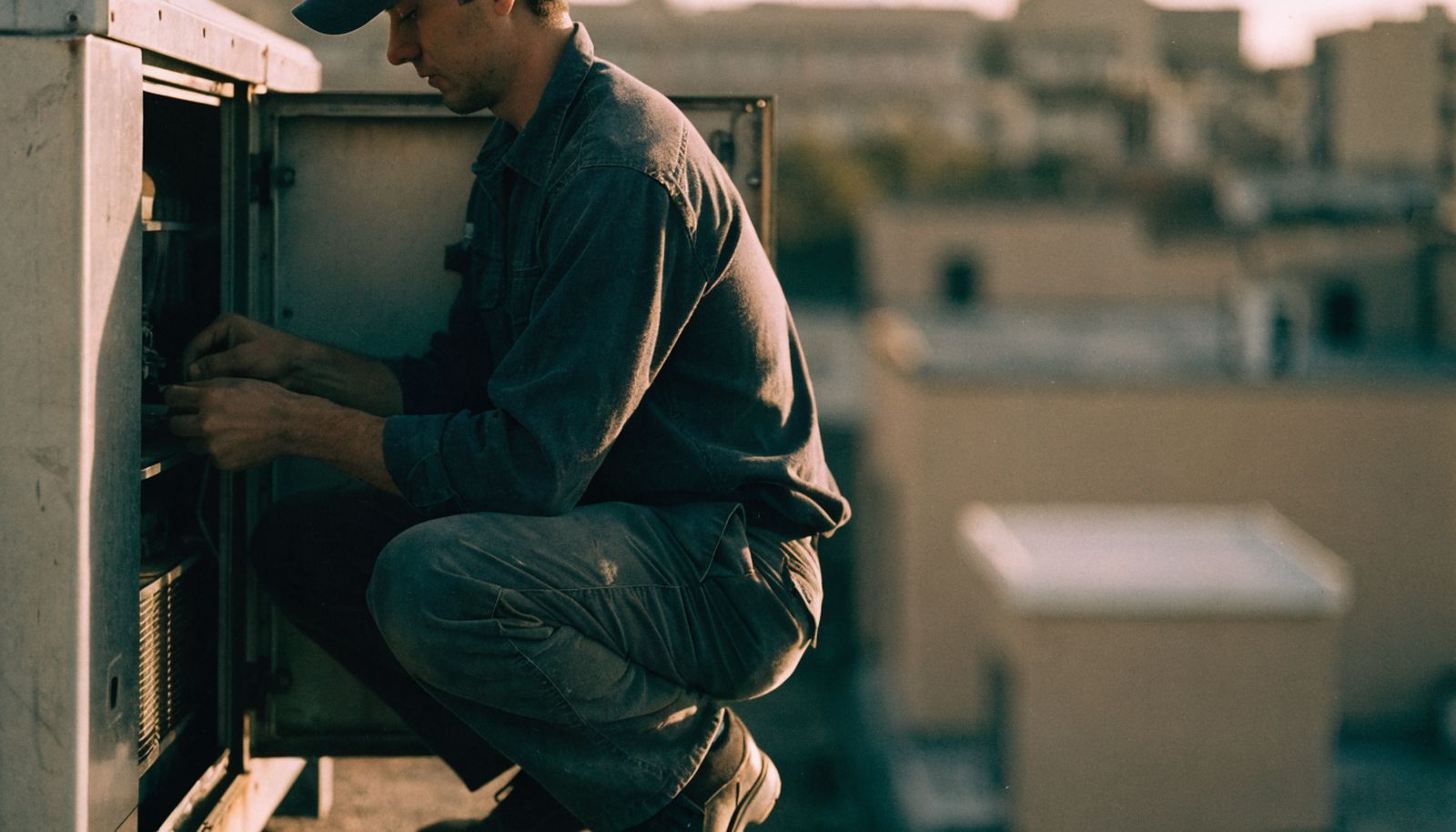 A ventilation technician at an open rooftop air-handling unit, checking the fan section in the morning light