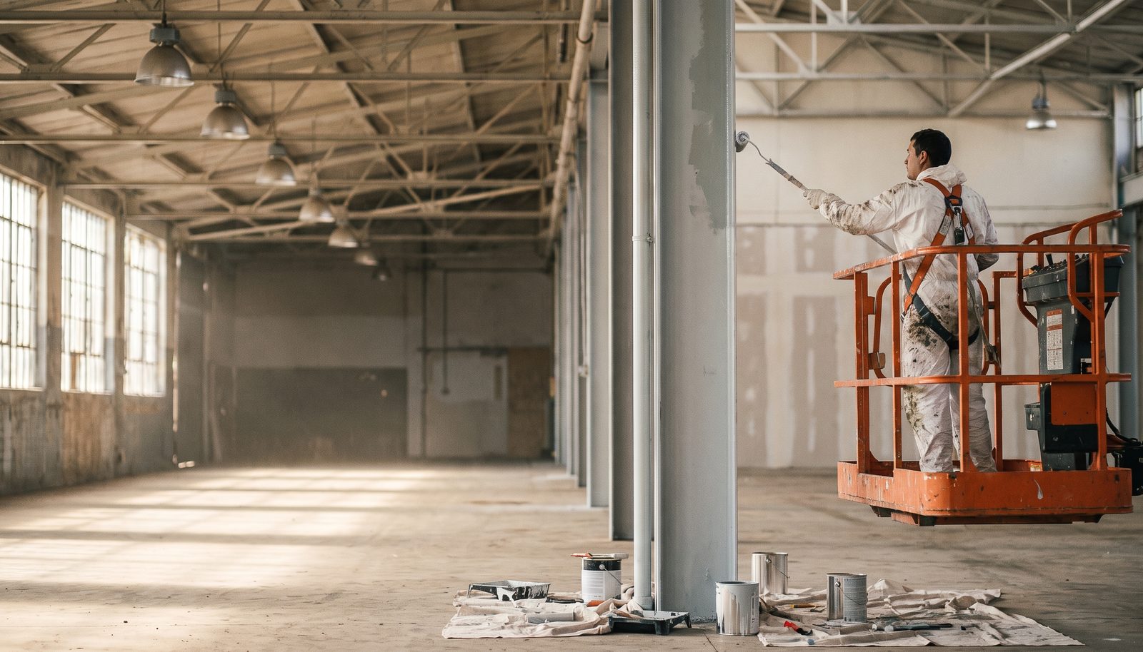 A painter in a harness spraying a steel roof truss from a scissor lift high inside a logistics hall