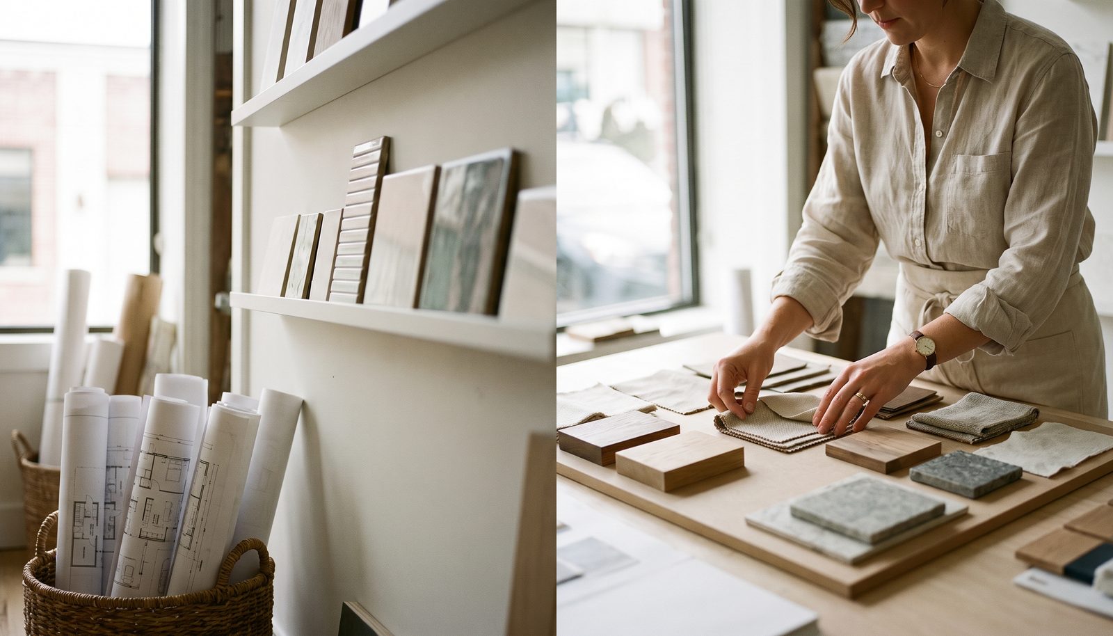 An interior designer arranging material samples on a worktable in a small studio, rolled floor plans behind her