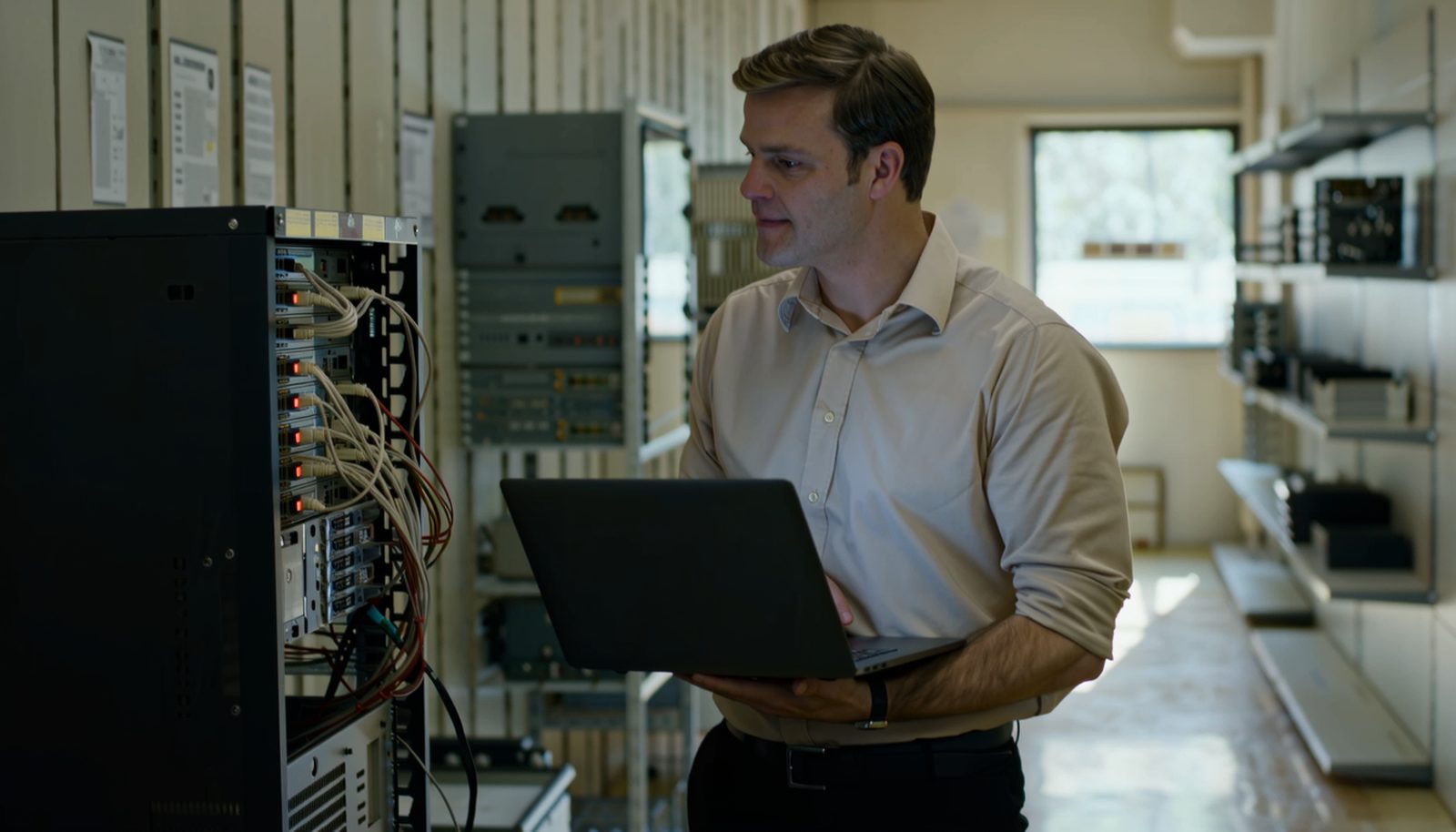 An IT consultant standing beside a small server rack in a client office utility room, holding an open laptop while checking the patch cabling
