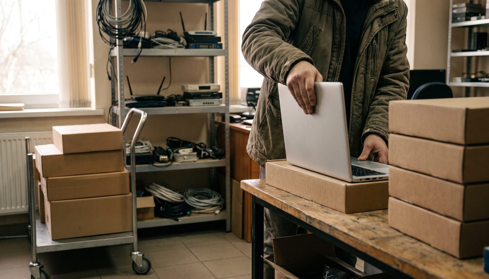 A reseller at a workbench with a row of open laptops being set up, cables and boxes around