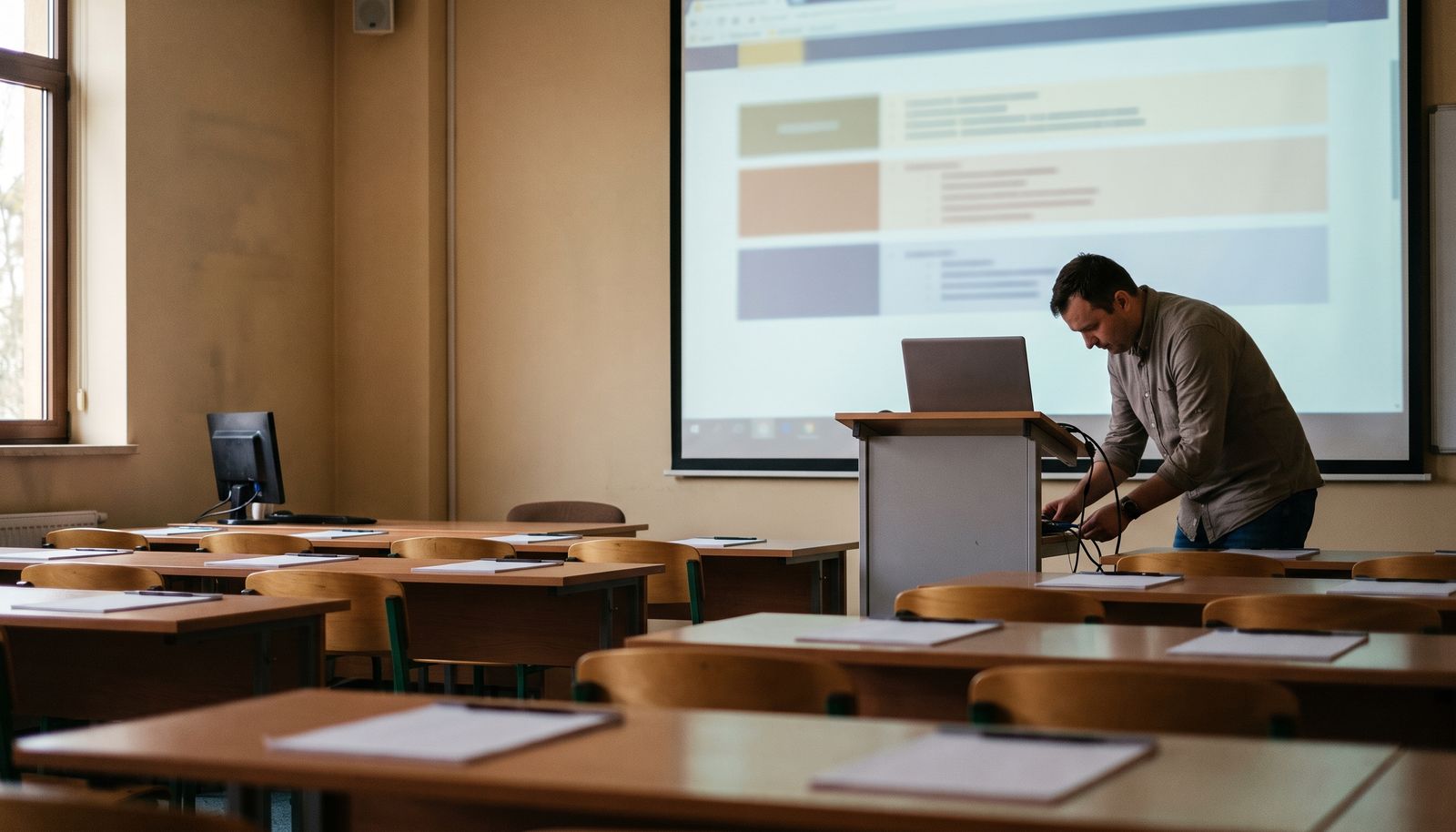 An IT trainer standing at the front of a small training room, gesturing at a screen while developers with laptops follow along