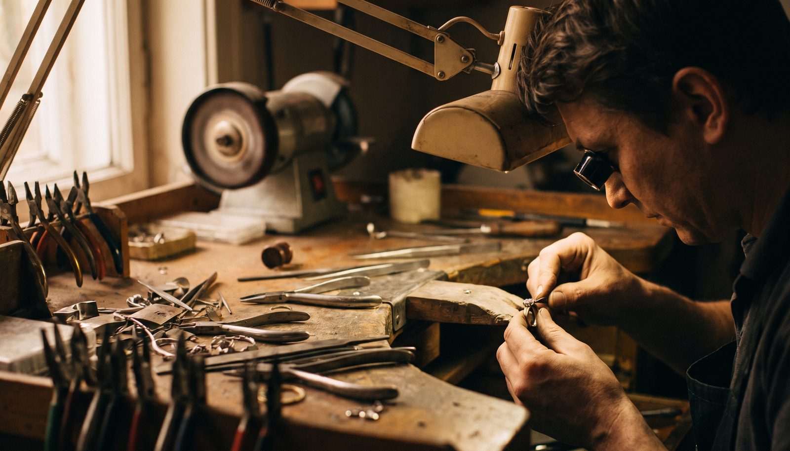 A jeweller filing a gold ring at a cluttered workbench under a warm lamp