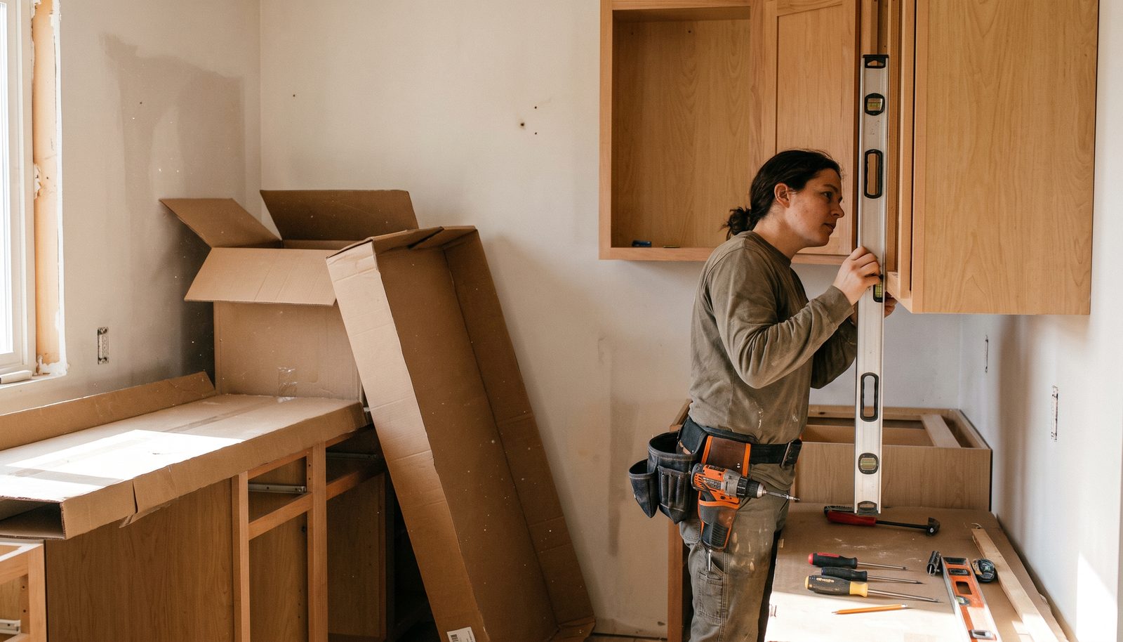A kitchen fitter in knee pads checking a spirit level on a newly hung wall cabinet in a mid-renovation kitchen