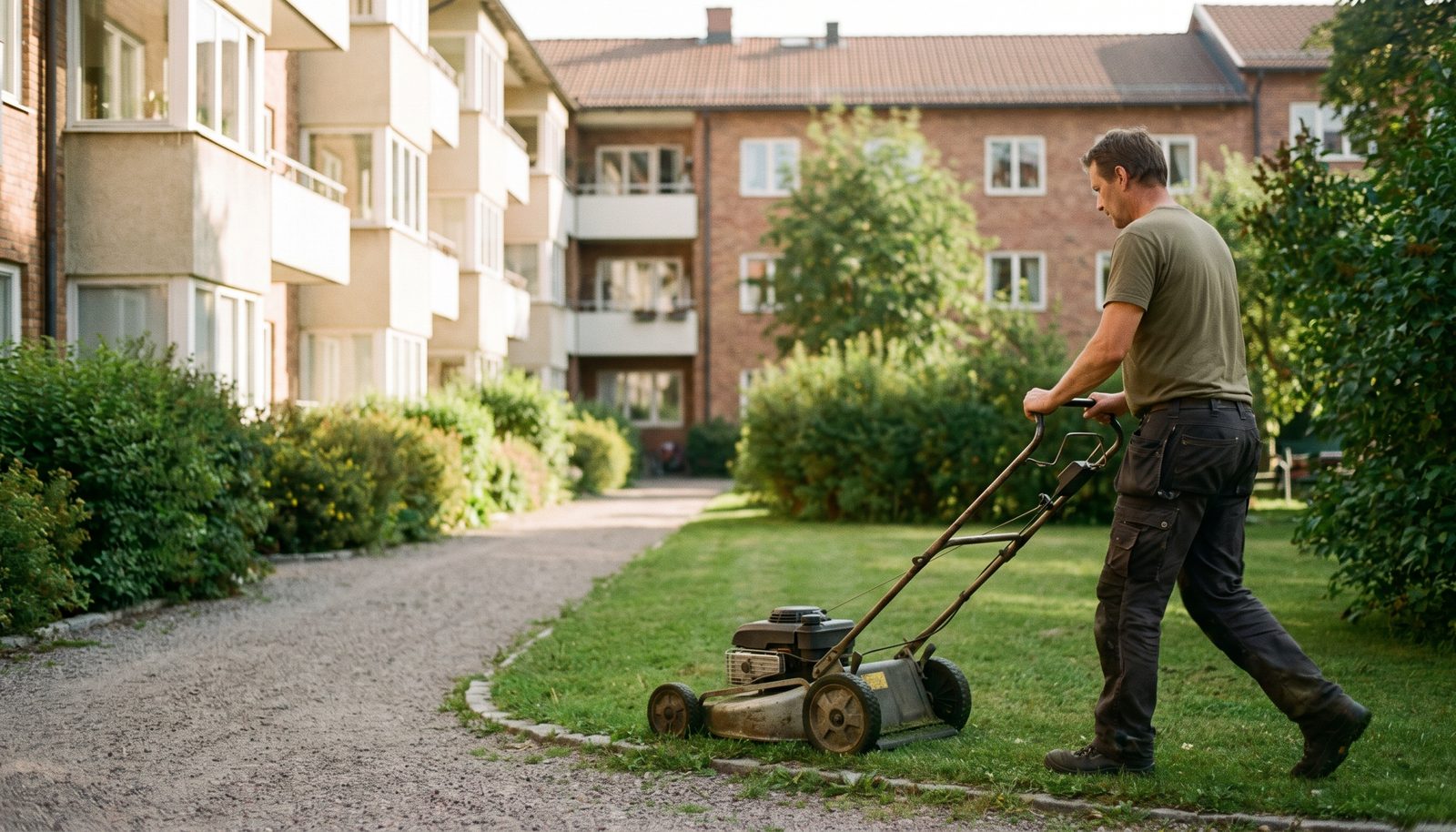 A groundskeeper pushing a mower across the shared lawn of a residential courtyard, apartment blocks behind