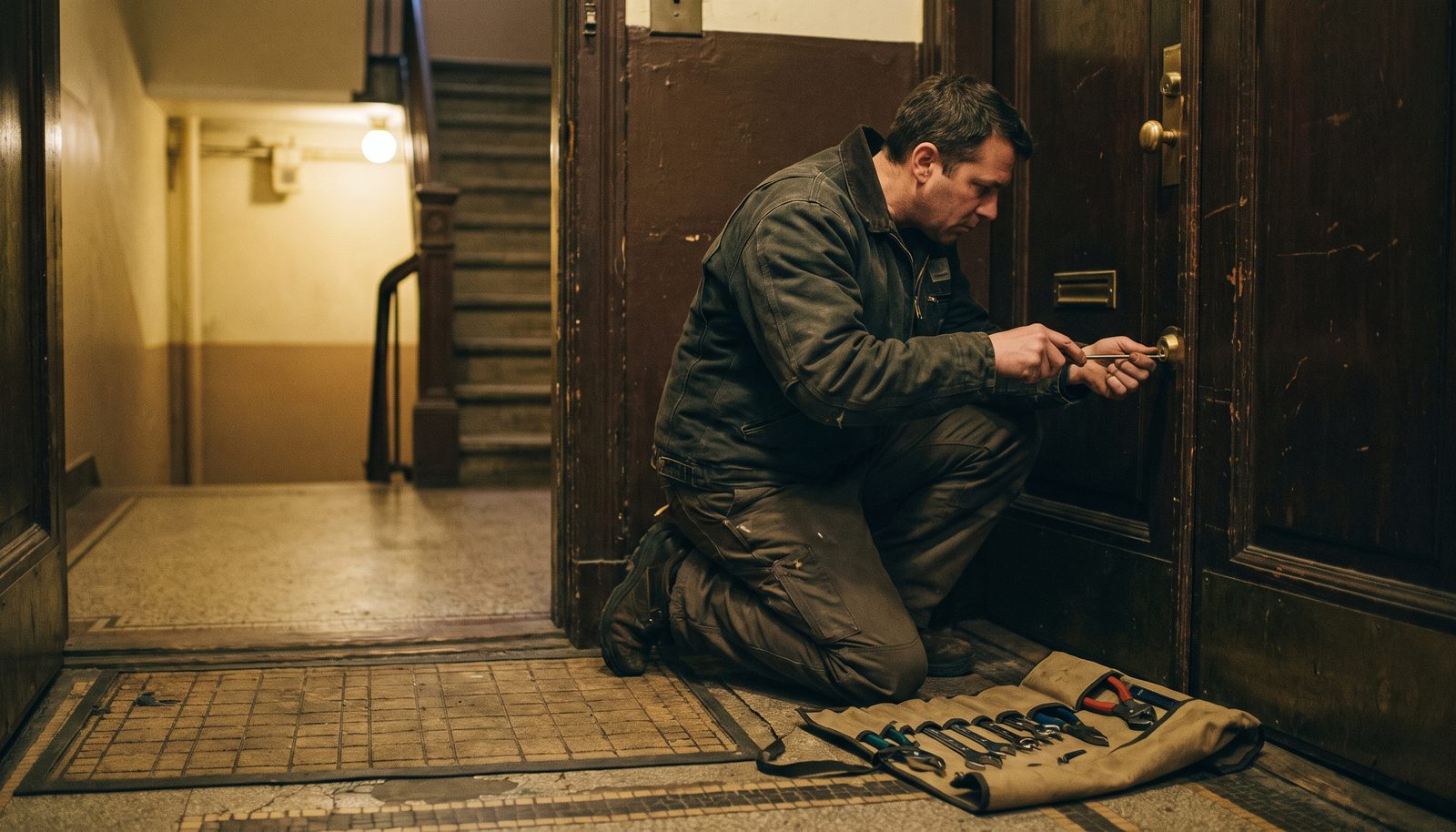 A locksmith fitting a new cylinder into an apartment door at dusk, toolcase open at his feet