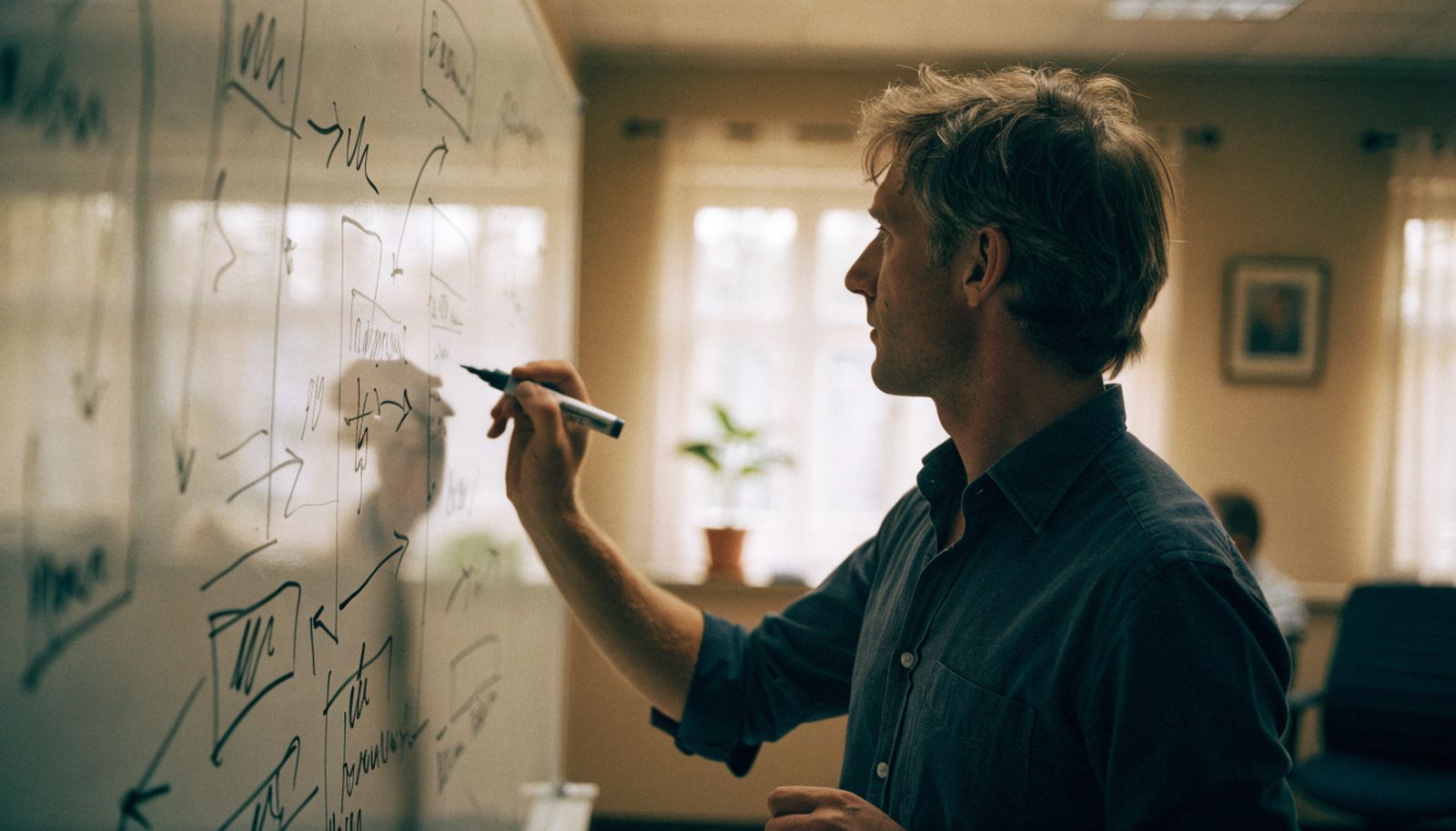 A management consultant sketching on a whiteboard in a small meeting room