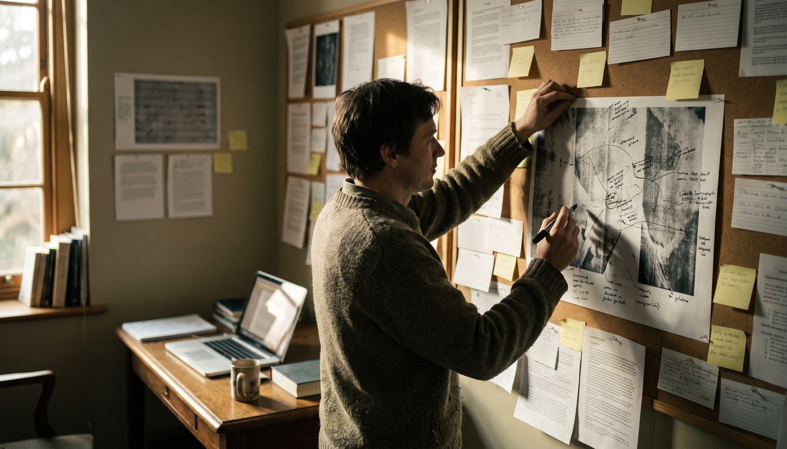 A researcher at a desk by a window marking up a printed chart deck with a pen, laptop open beside her