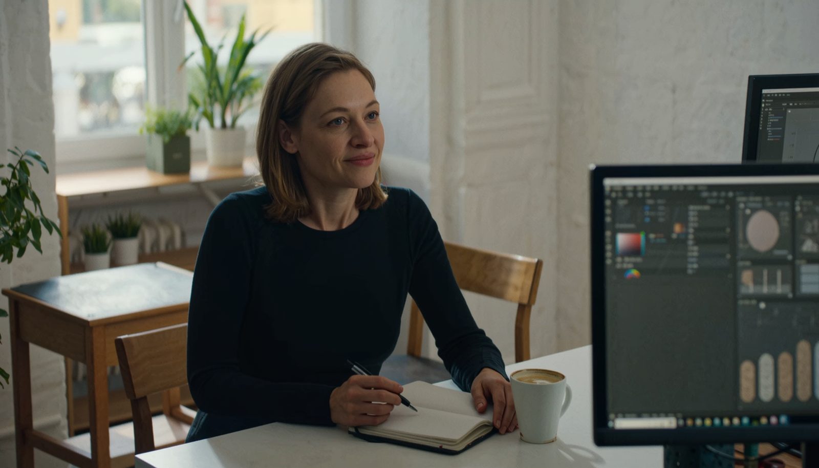 En byråägare vid sitt skrivbord i ett ljust skandinaviskt kontor, med två skärmar bakom sig som visar suddiga layouter och statistik