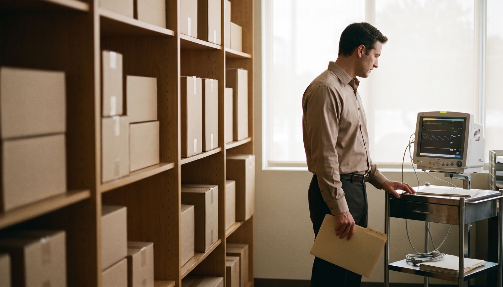 A reseller in a shirt checking a patient monitor on a trolley in a bright storeroom, shelves of boxed clinical equipment behind