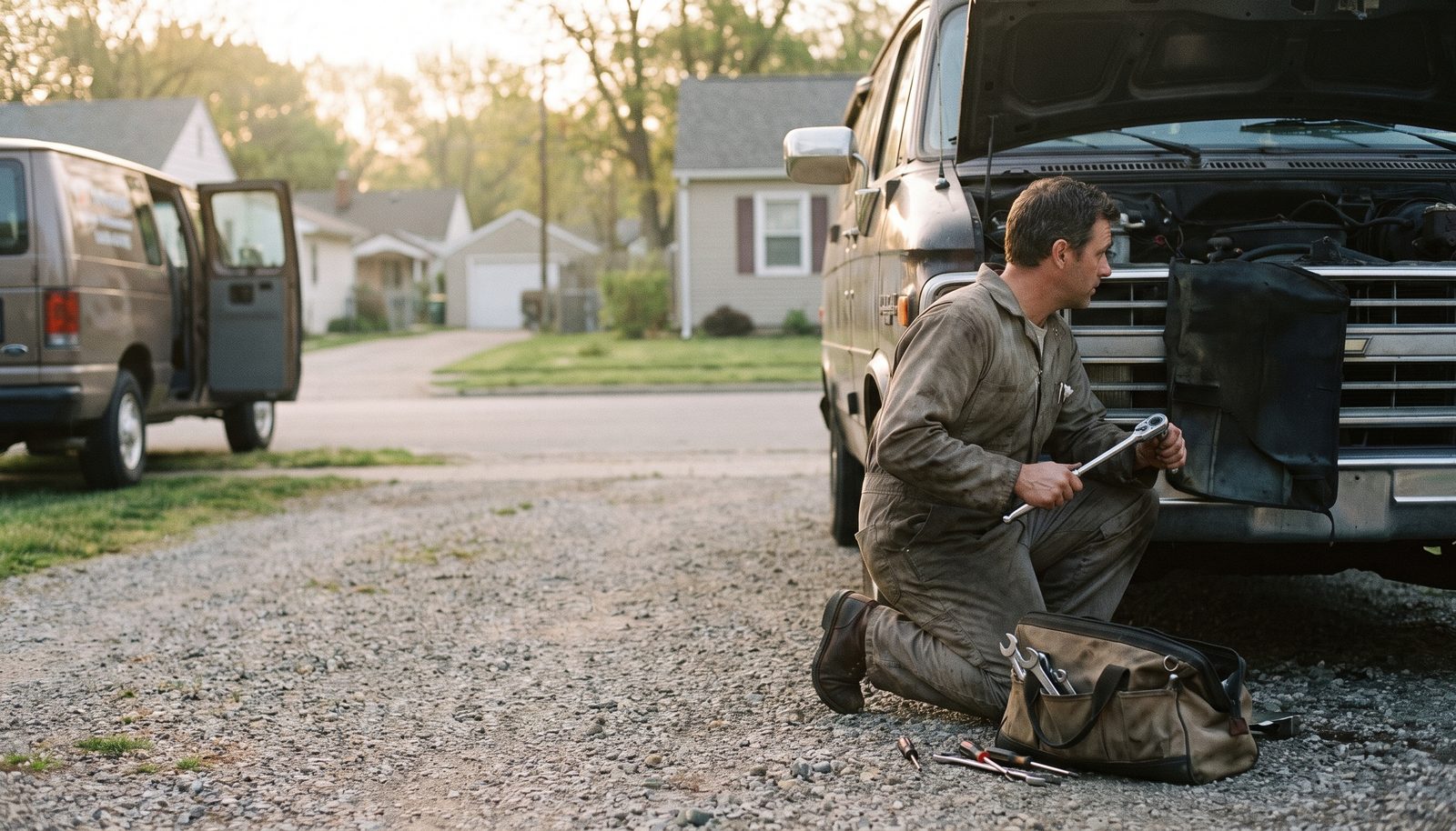 A mobile mechanic leaning into the open engine bay of a work van on a customer’s driveway, service van behind