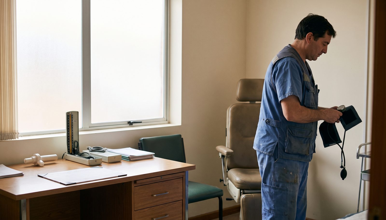 An occupational health nurse in a clinic room preparing a blood pressure cuff at a tidy examination desk