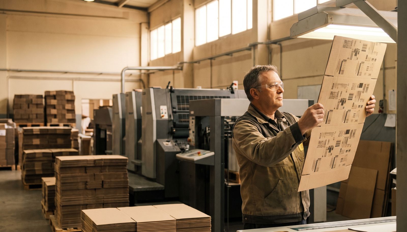 A converter in a work apron checking a freshly printed carton blank against a die-cut form at the delivery end of a press in a small converting hall