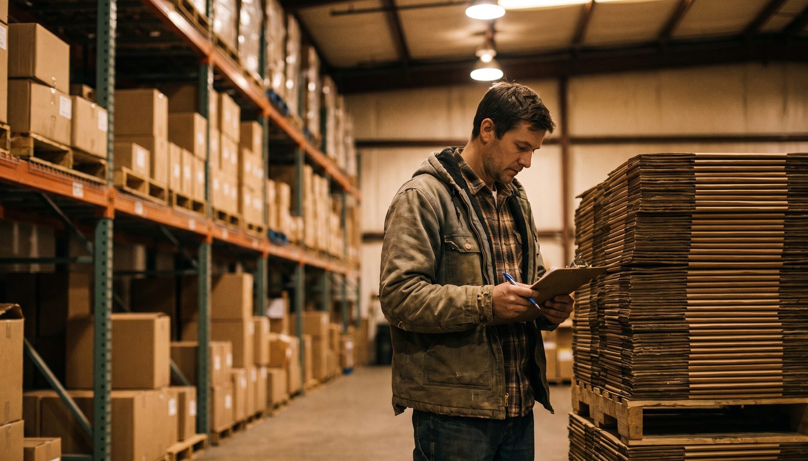 A packaging supplier at a workbench in a small warehouse, folding a flat-packed printed box into shape beside a stack of finished cartons
