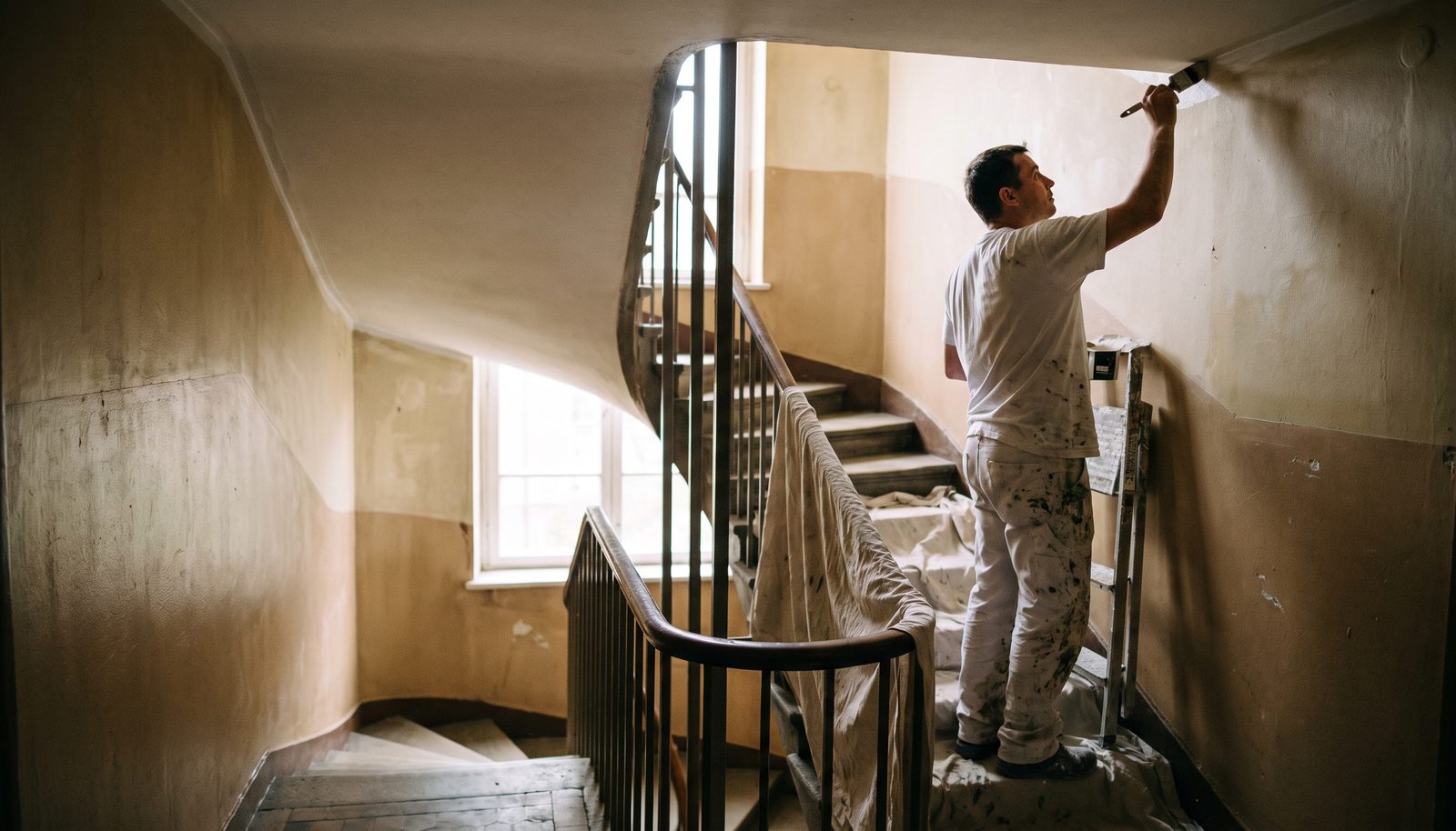 A painter cutting in along a stairwell ceiling with a brush, dust sheets draped over the railing