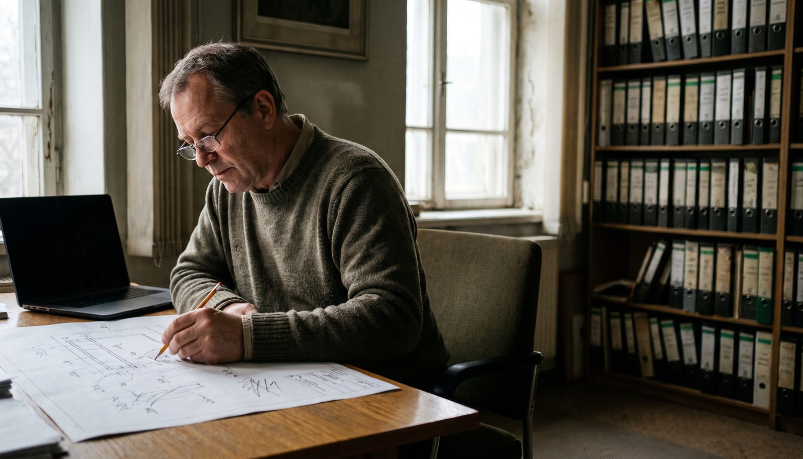 A patent consultant comparing two printed patent drawings side by side at a desk under a lamp
