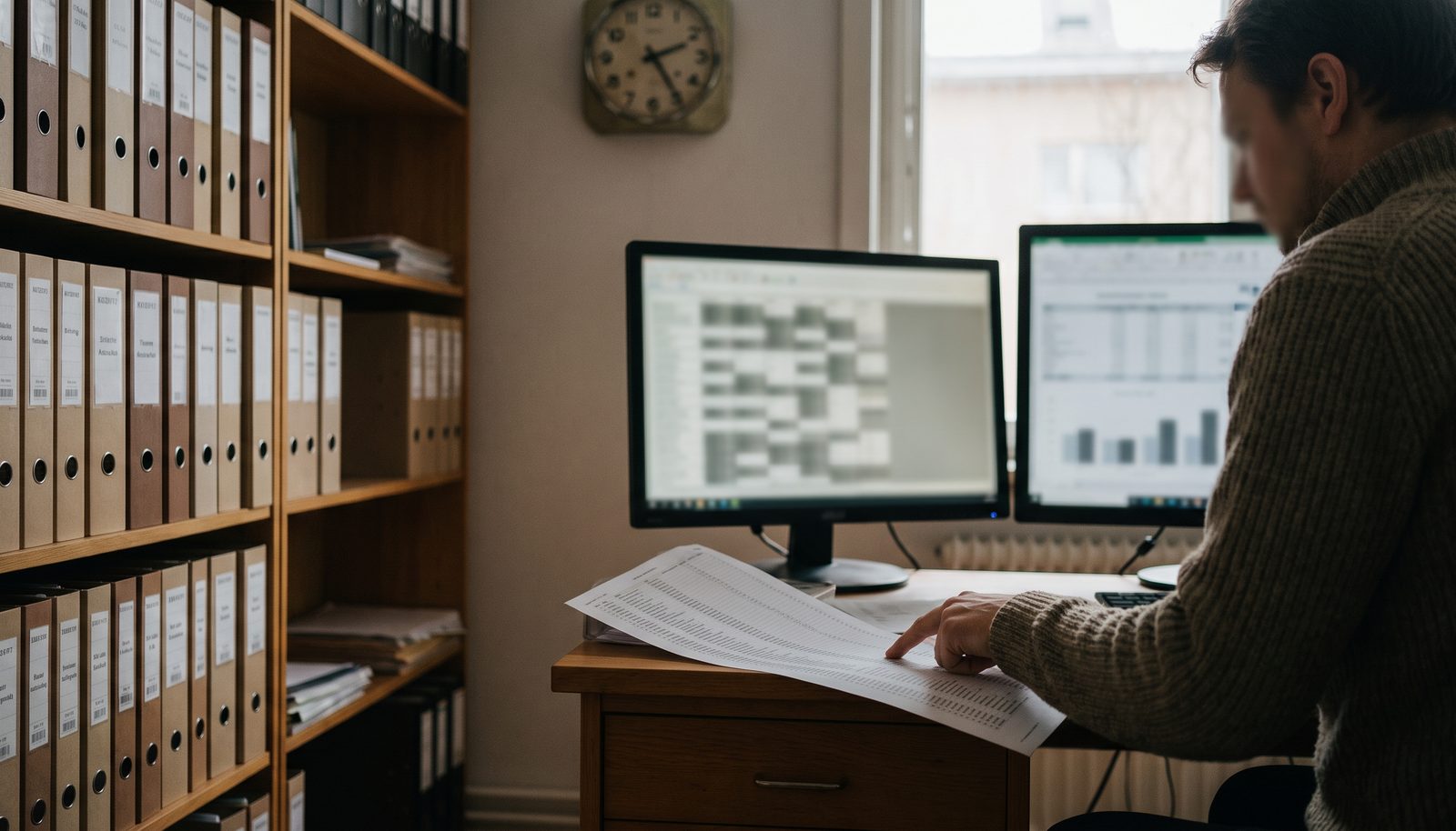 A payroll administrator at a tidy desk checking a printed pay run against a screen, one finger on the paper