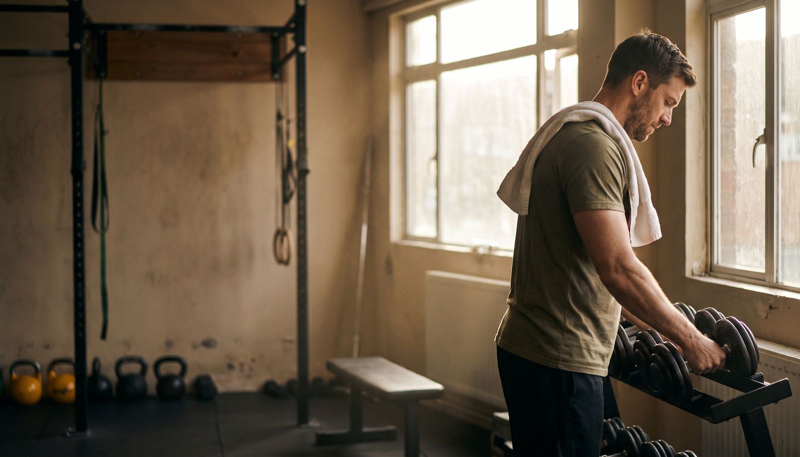 A personal trainer crouched beside a kettlebell rack in a small gym, adjusting a client’s programme sheet on a clipboard