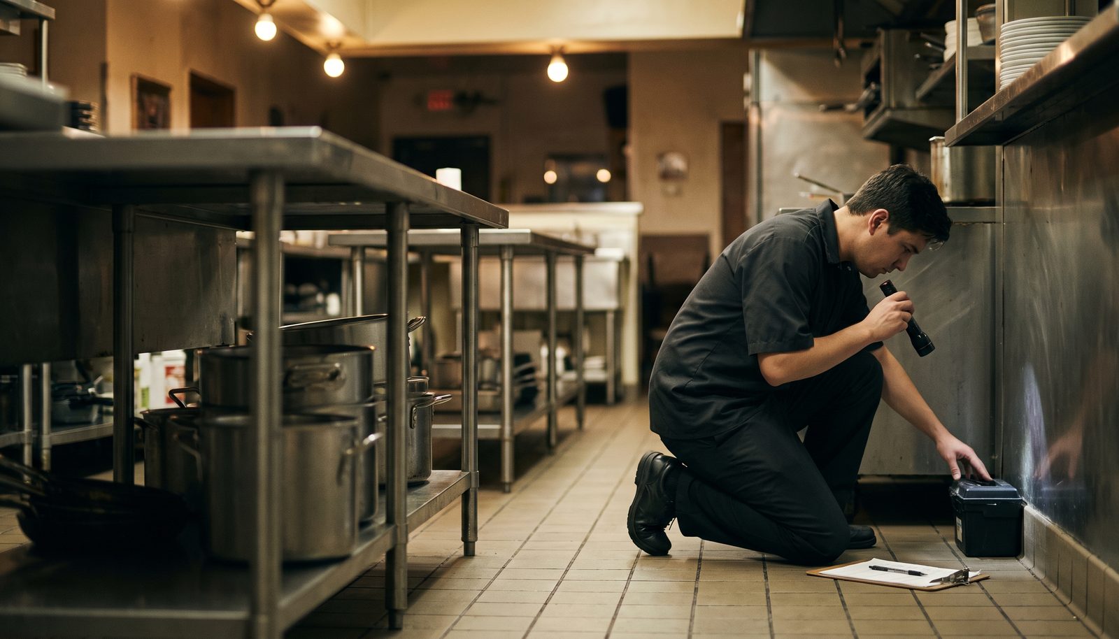 A pest control technician crouched at a numbered bait station along the skirting of a restaurant back corridor, torch in hand