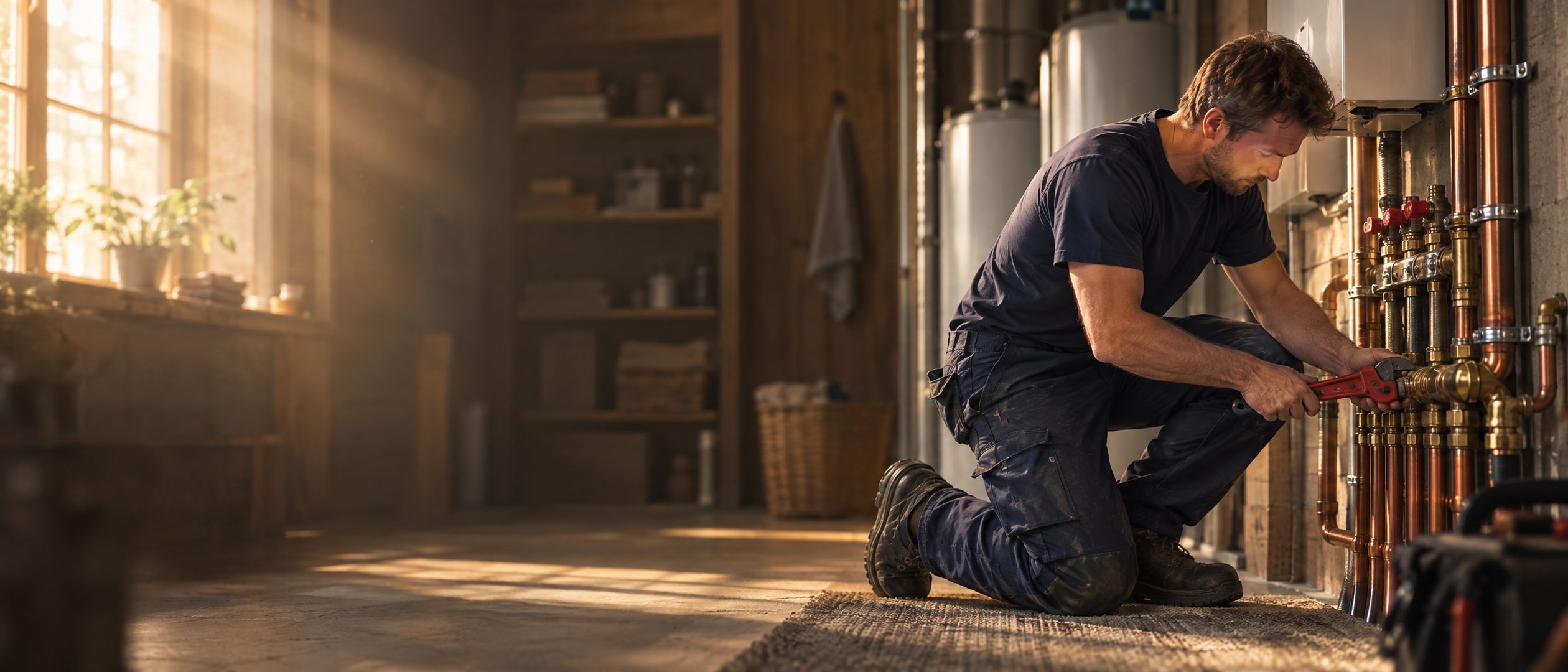 A plumber kneeling at a copper pipe manifold in a utility room, tightening a fitting with a wrench
