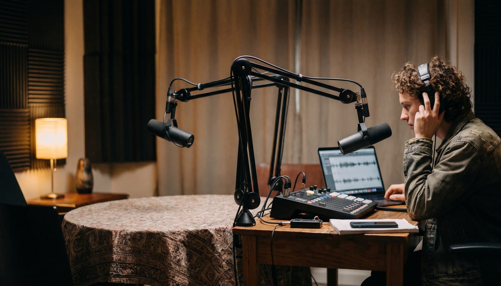 A producer at a small studio desk adjusting a fader while a broadcast microphone hangs in the foreground