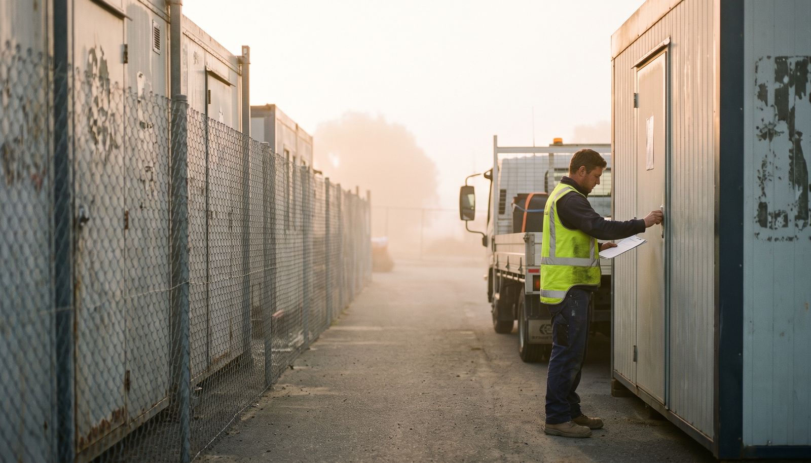 A service driver in a high-vis jacket closing the tailgate of a flatbed truck loaded with portable toilet units at a construction site gate at first light