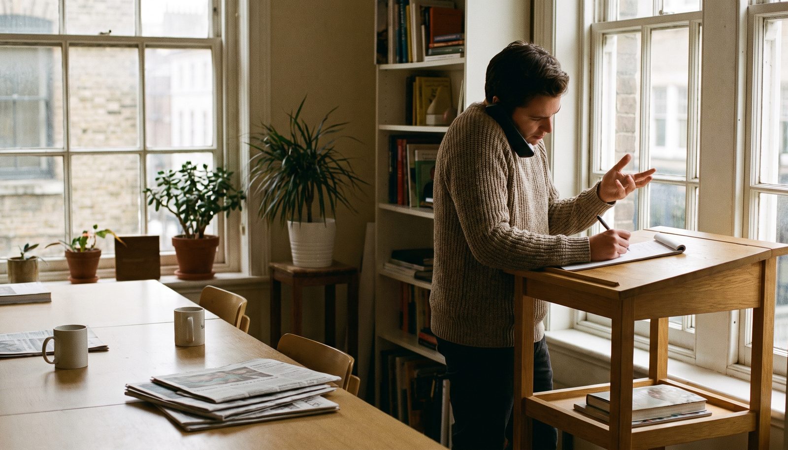 A PR consultant standing at a desk on the phone while scrolling a laptop in morning light