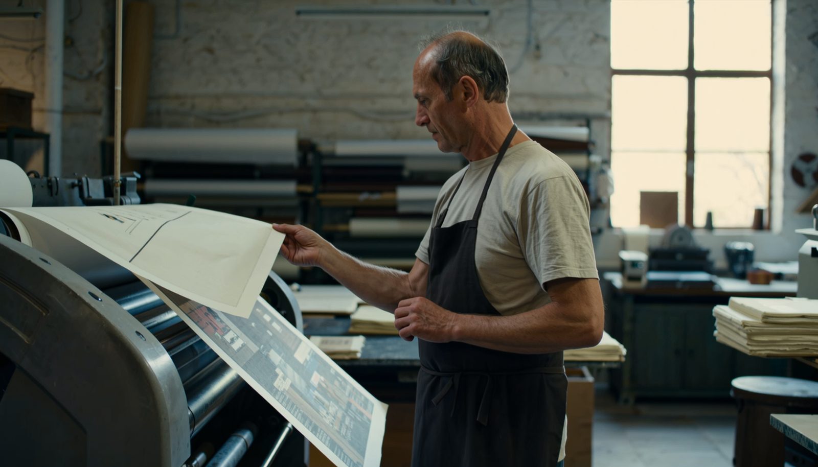 A print shop owner in an apron inspecting a freshly printed wide format sheet coming off a large roll printer in a small workshop