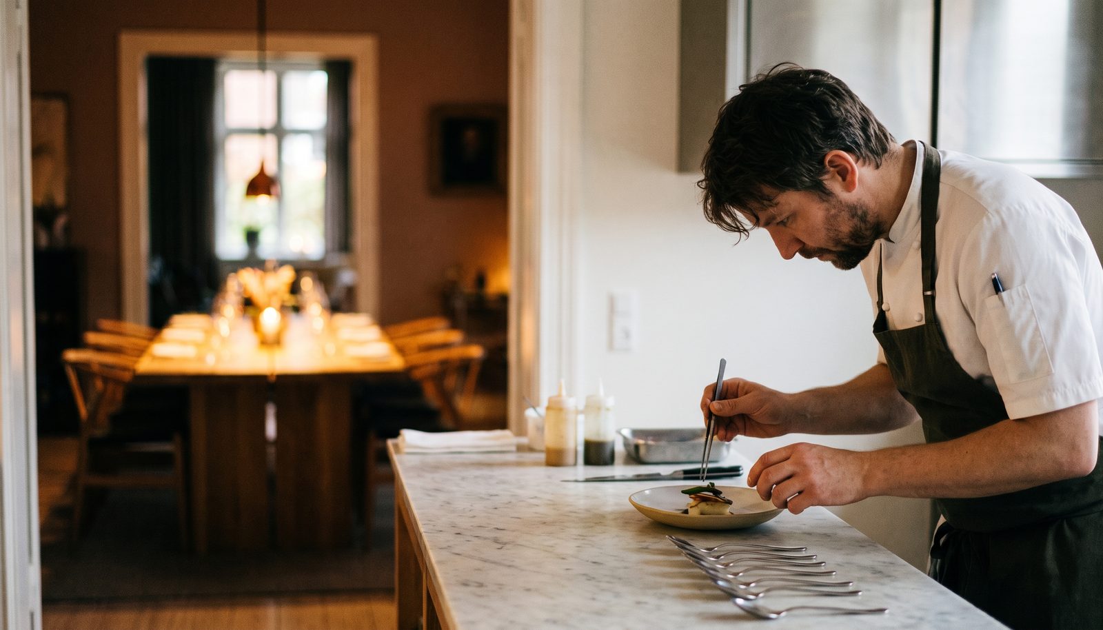 A private chef in a dark apron plating a course at the counter of a client’s kitchen in the evening