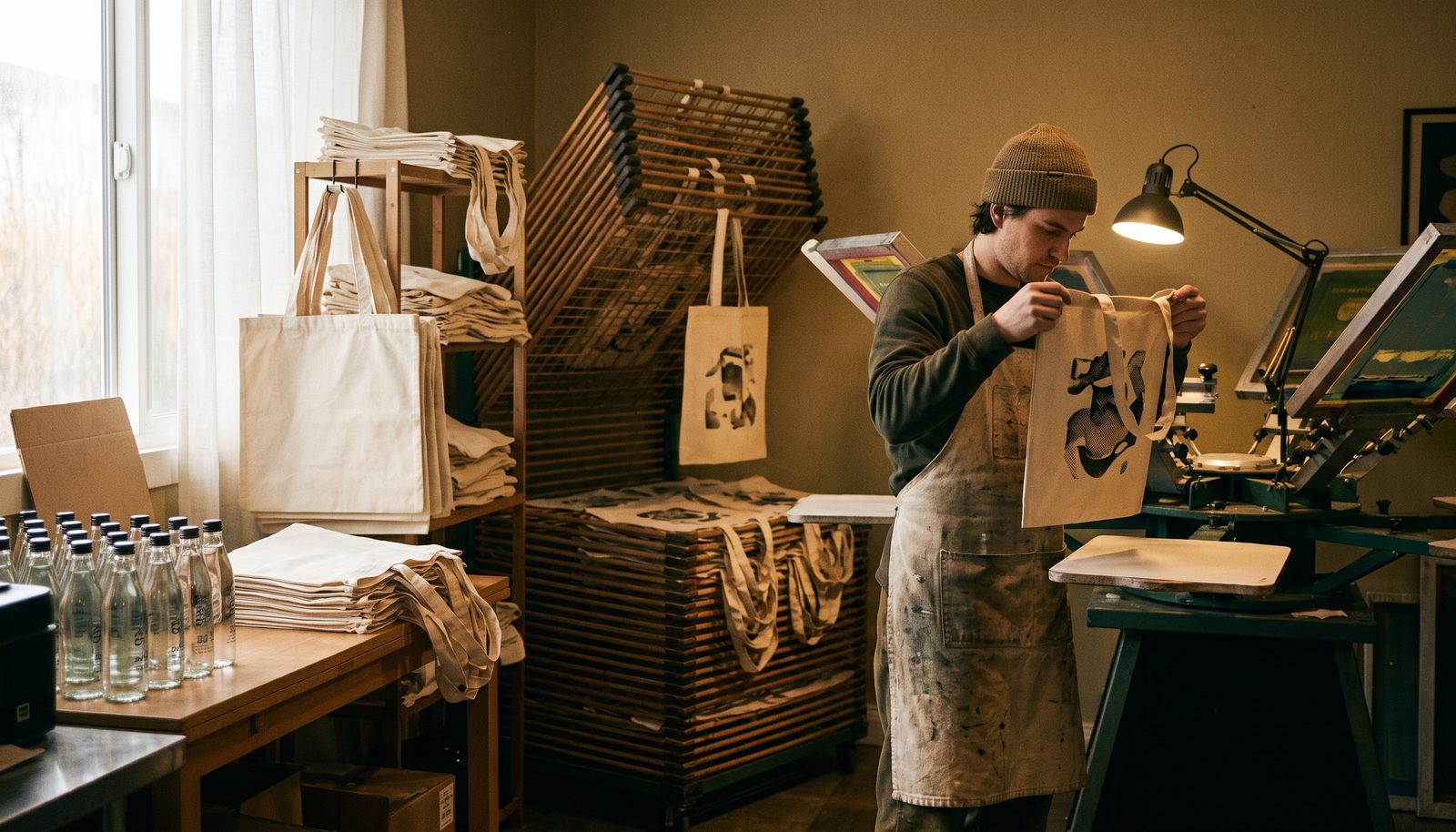 A merch reseller at a packing table checking a carton of branded drinkware, shelves of blank stock behind