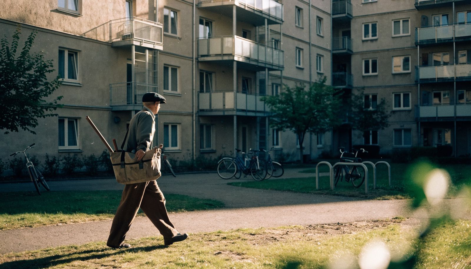 A caretaker with a toolbag crossing a residential courtyard between apartment blocks