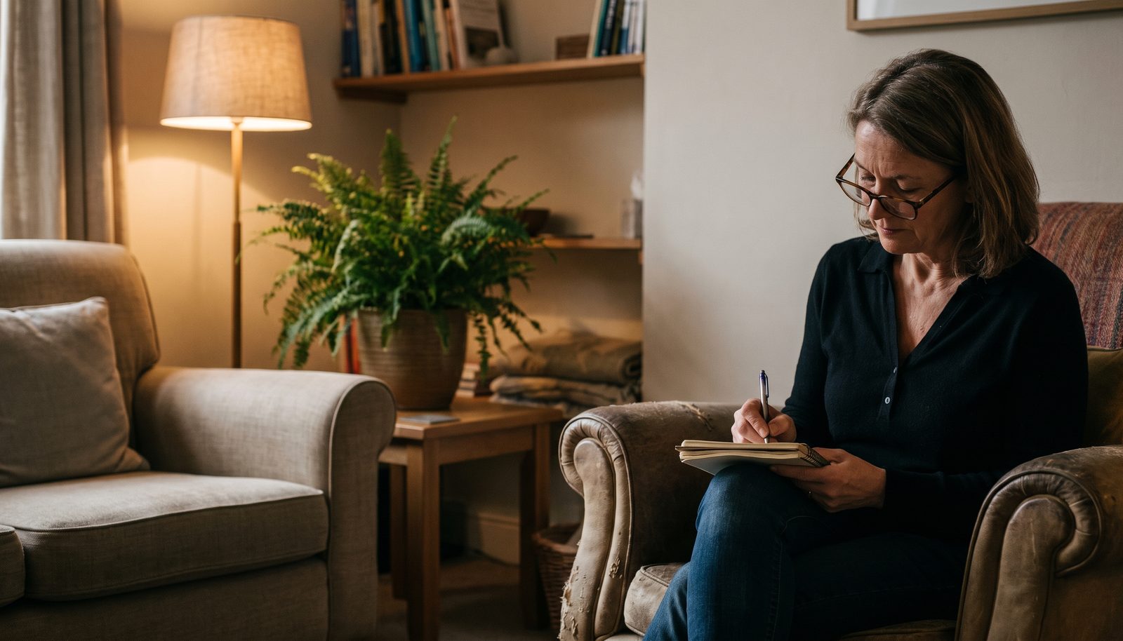 A therapist arranging two armchairs in a calm practice room before the first session of the day