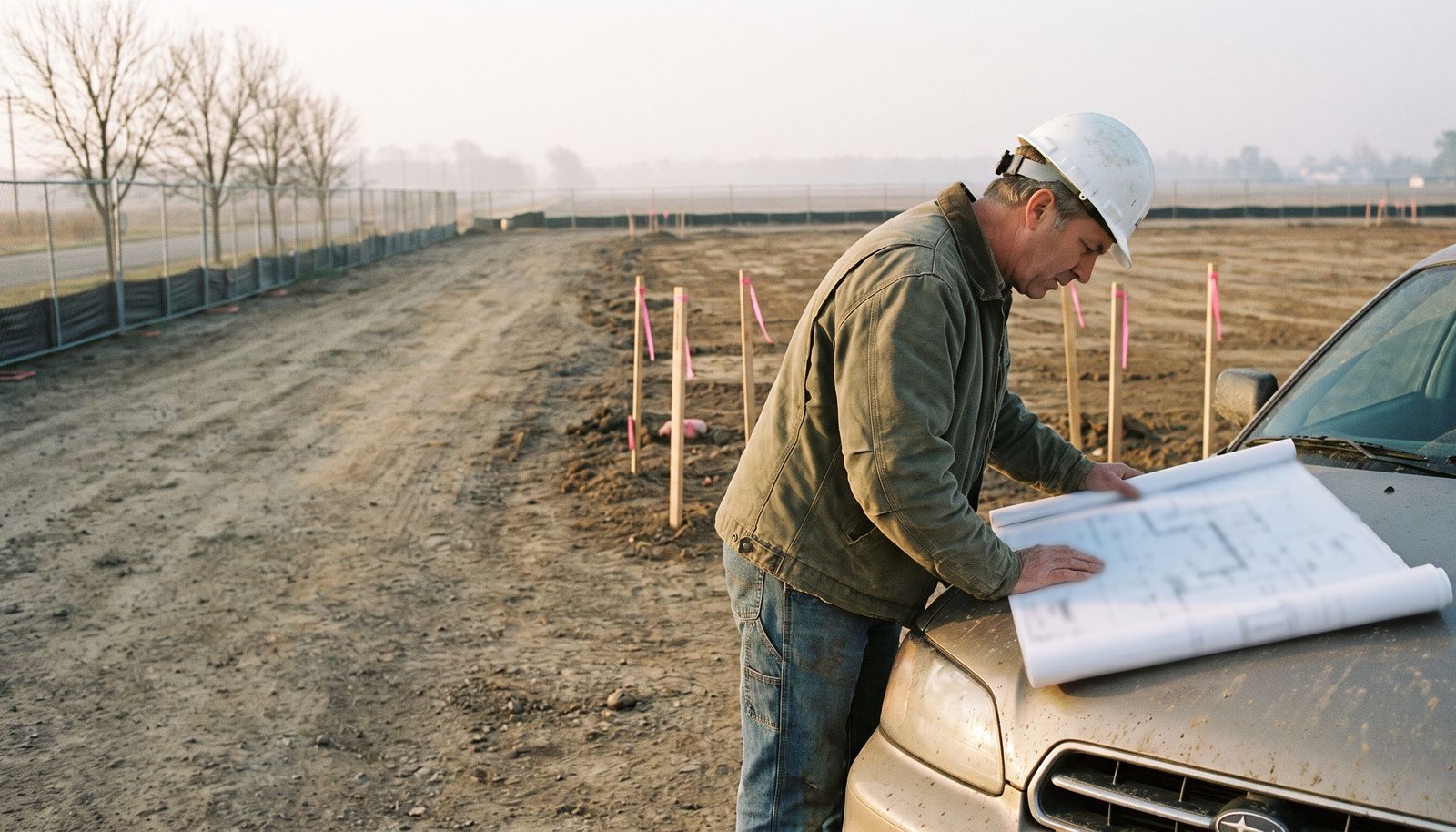 A small property developer standing on an overgrown infill plot at golden hour, rolled drawings under one arm