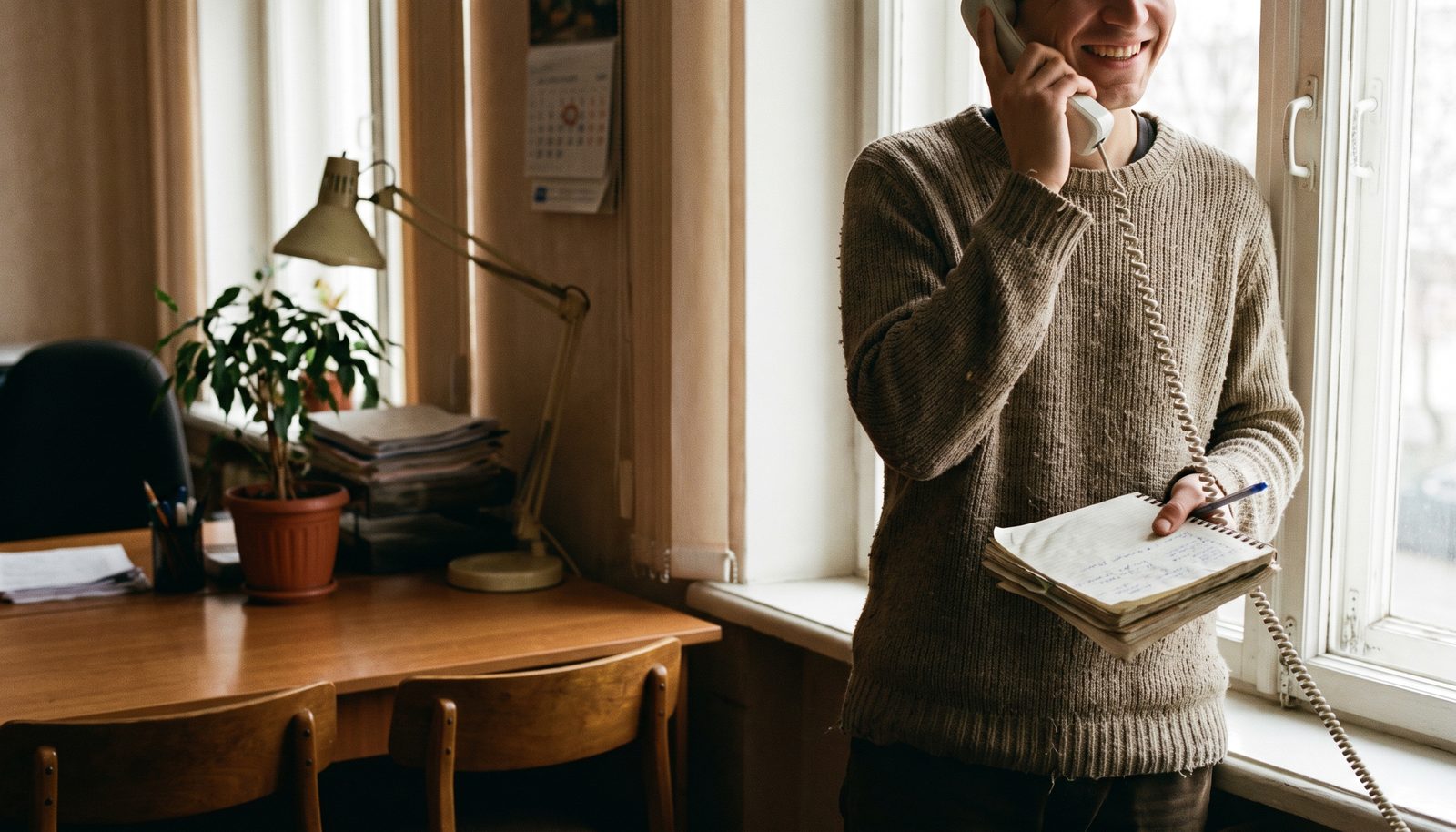 A recruiter on a phone call at a small office table, notebook open and pen resting on a page of names
