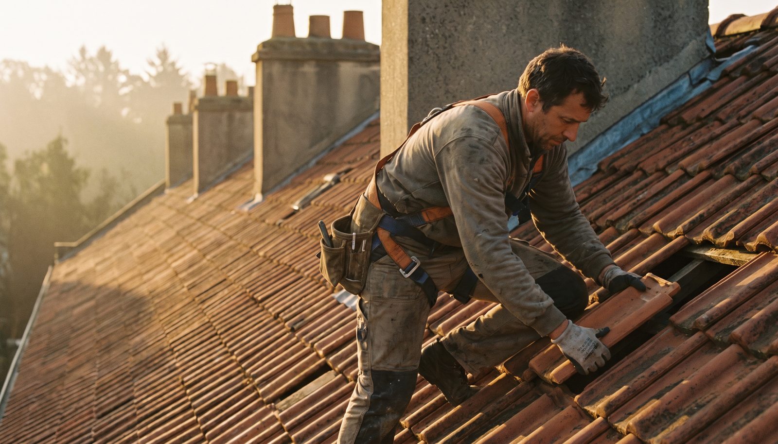 A roofer kneeling on a low-pitch commercial roof, fixing a torn membrane after a storm