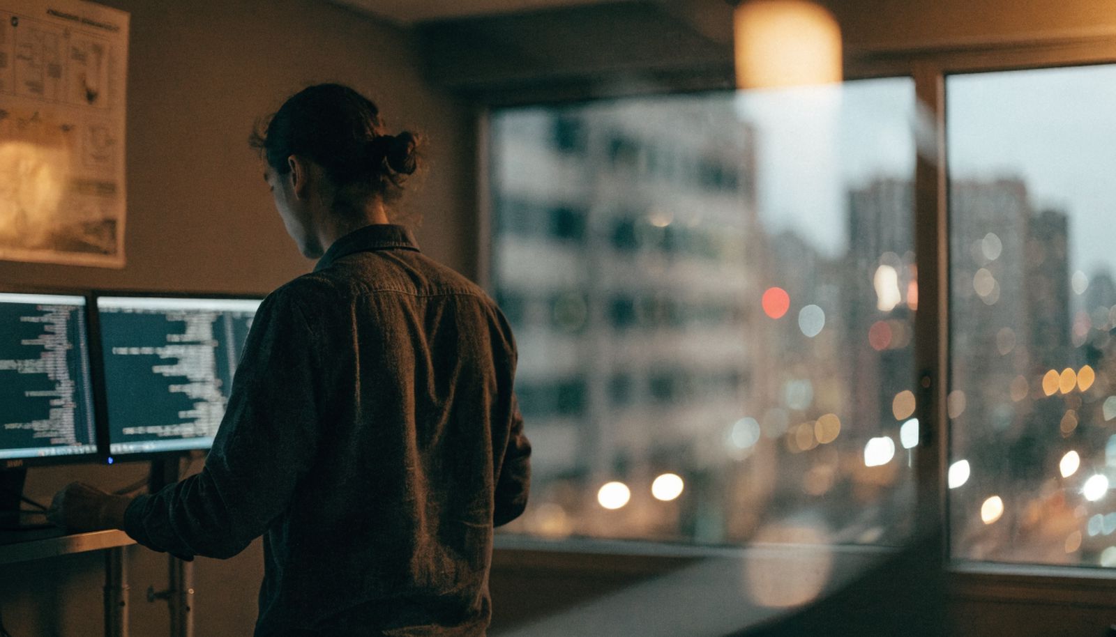 A founder at a standing desk in a small office at dusk, lit by the laptop screen