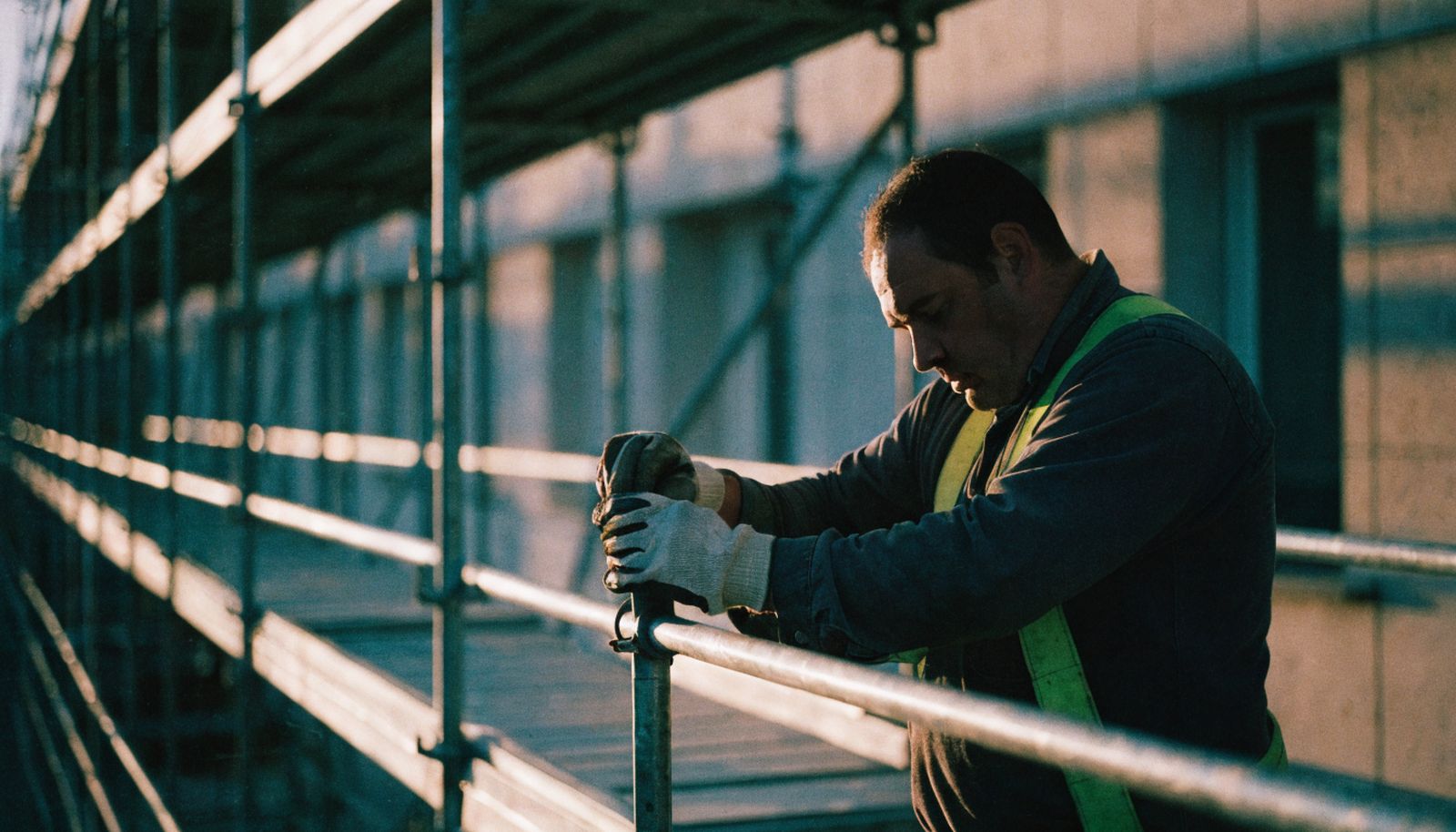 A scaffolder in a harness on a clad facade, tightening a coupler high above the street