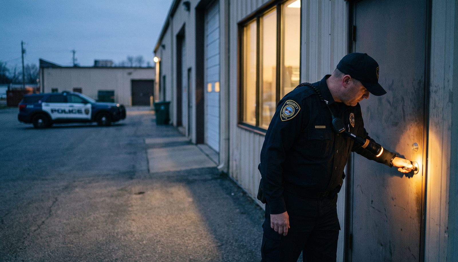 A uniformed security guard checking a door at a dim commercial loading bay on a night round, torch in hand