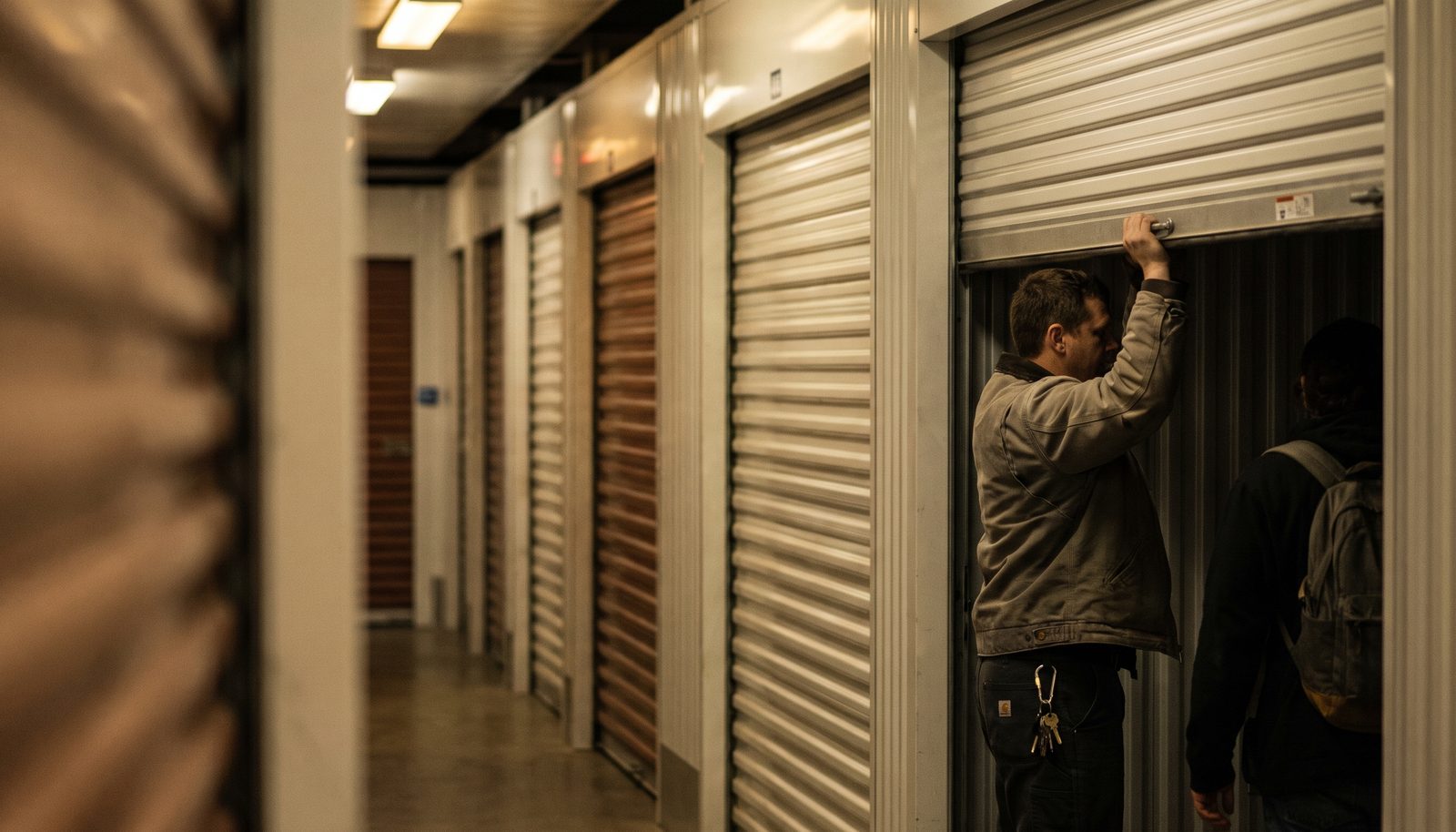 A storage operator rolling up the door of a corrugated storage unit in an outdoor container yard in late light