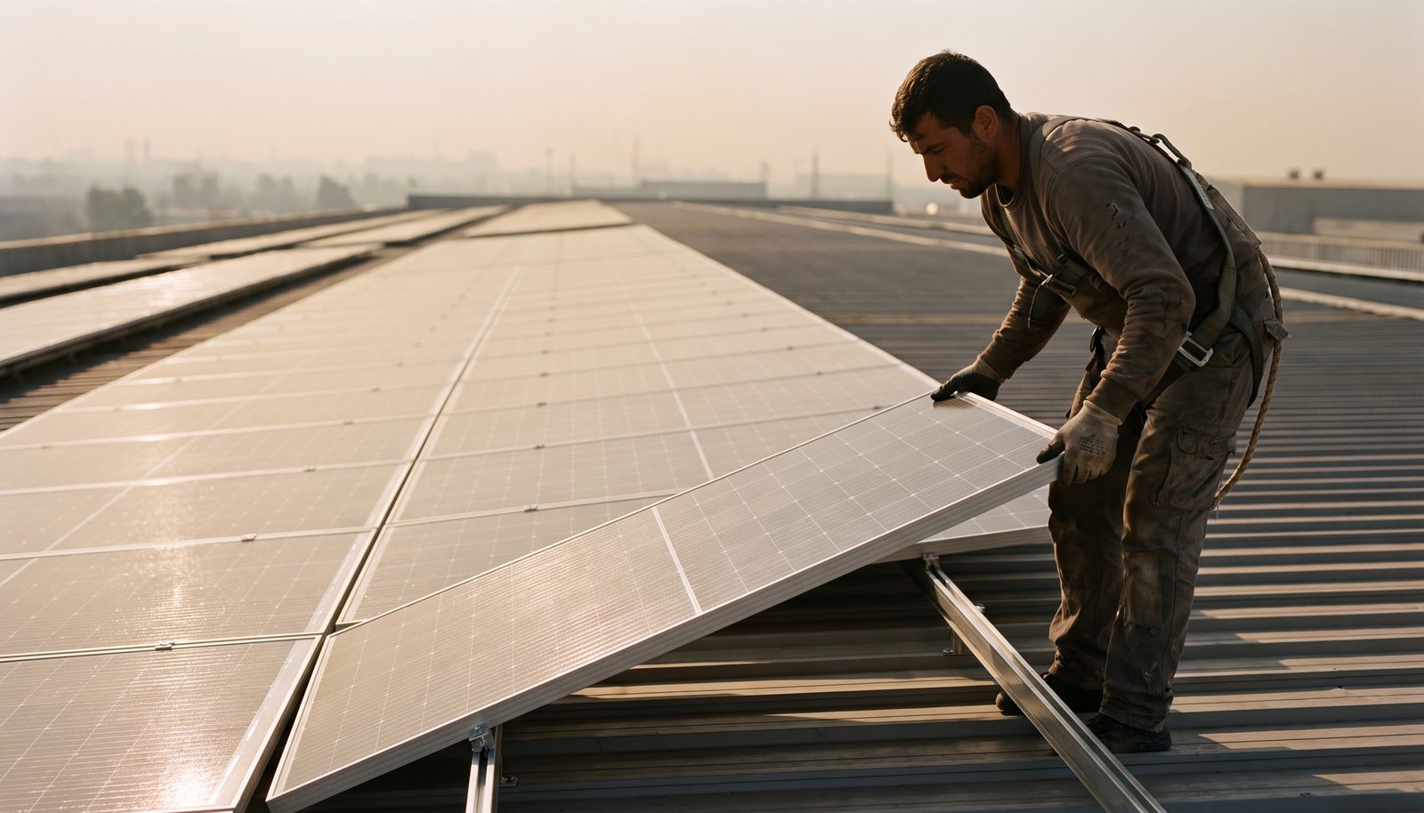 An installer kneeling on a flat warehouse roof fastening a solar panel to its mounting rail, rows of panels behind them