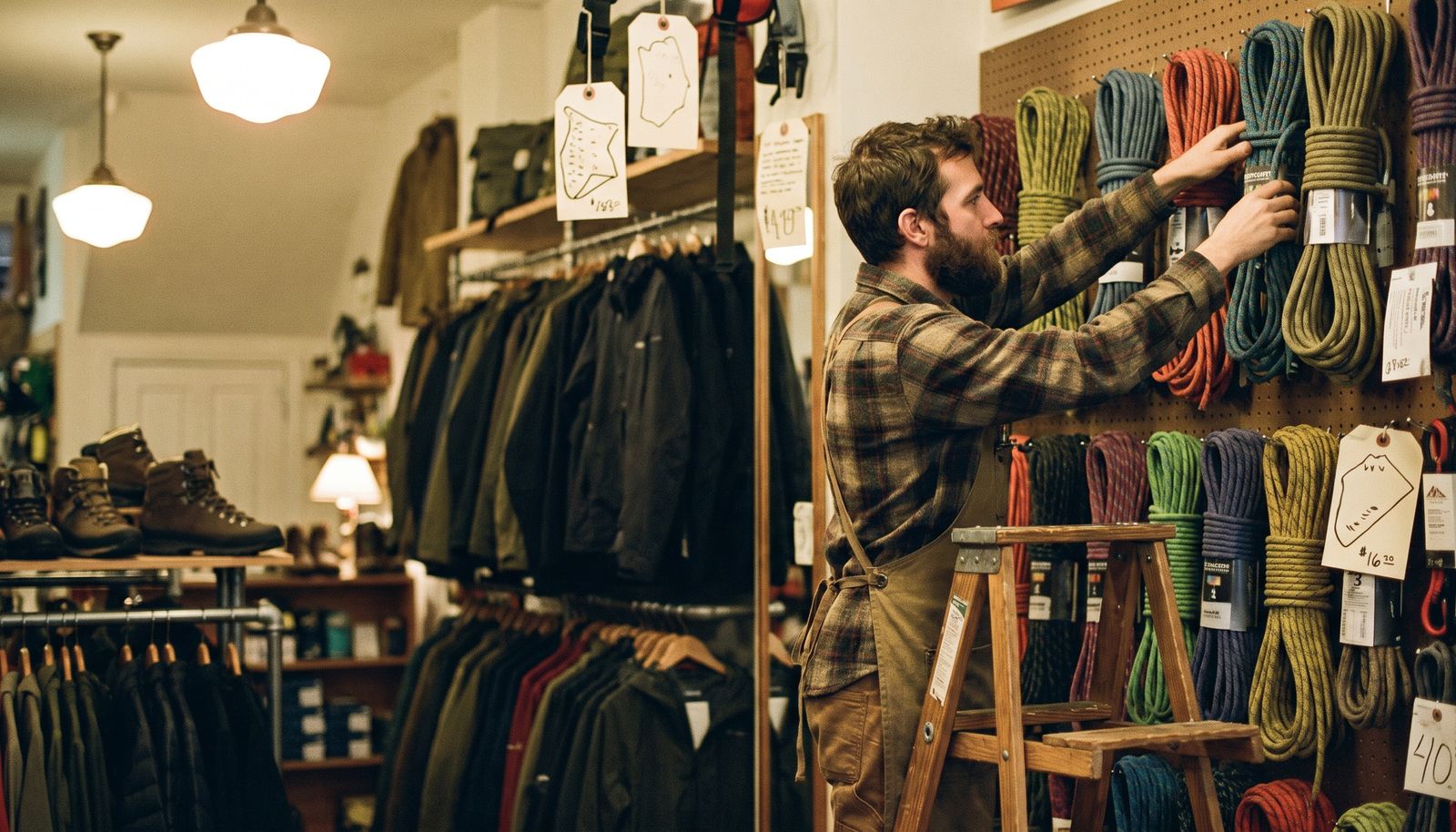 A shop owner in a fleece kneeling by a wall of skis and boots in a small outdoor gear shop, half-unpacked boxes around them