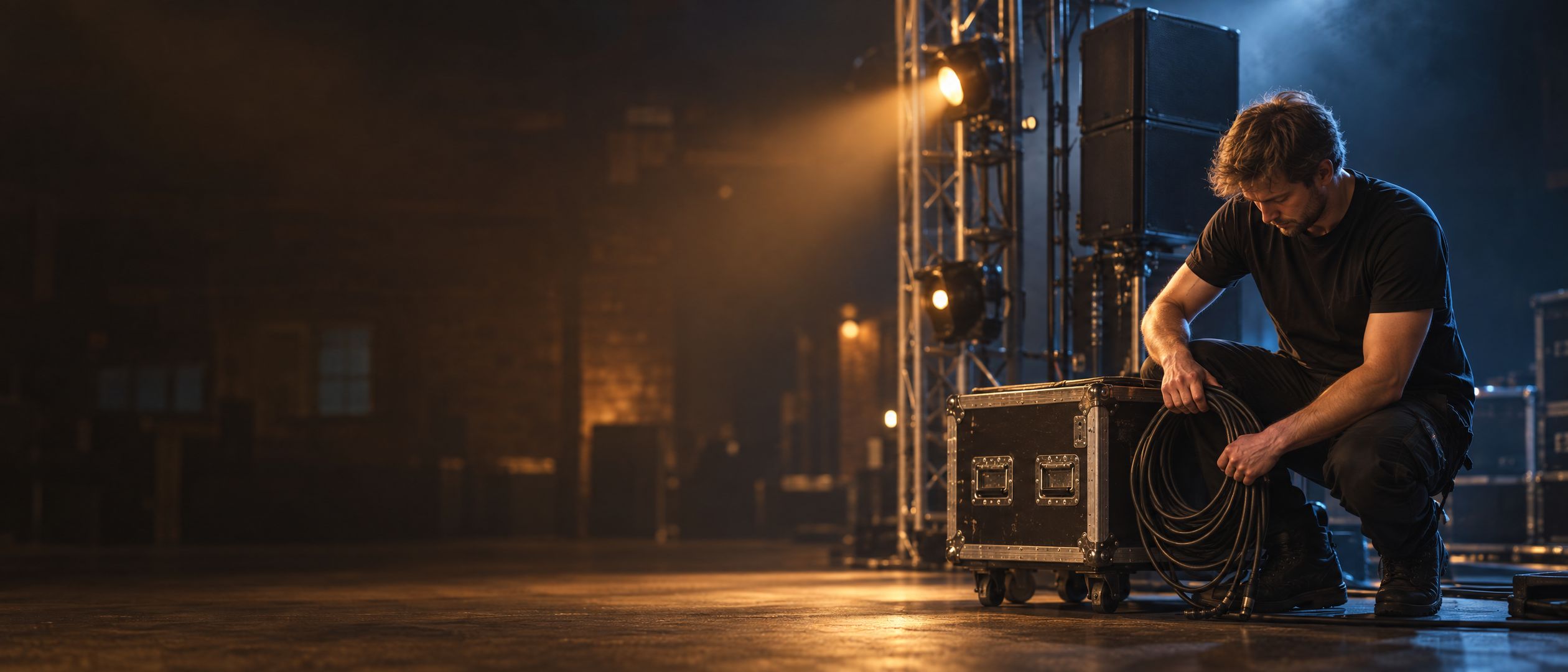A stage technician crouched beside a road case coiling cable, with lighting truss and PA speakers behind him