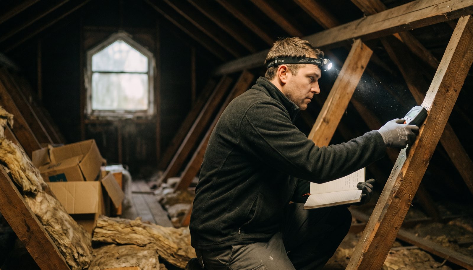 A building inspector crouched in an attic space, shining a torch along a roof truss with a clipboard on one knee