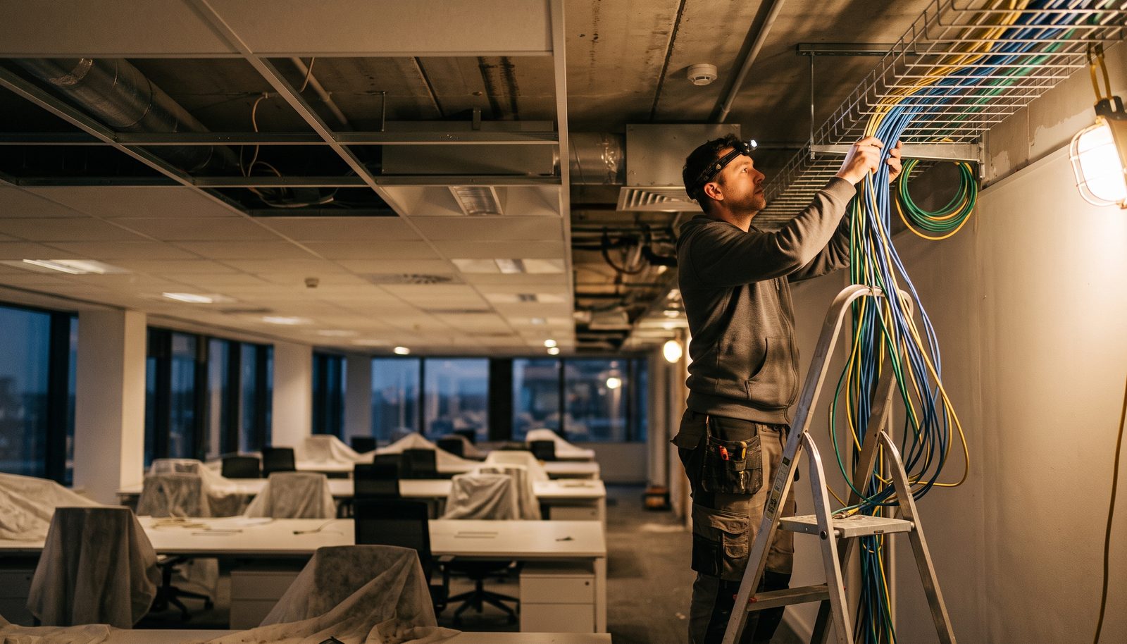 A network installer standing at an open comms rack in a small server room, patching a cable into a switch